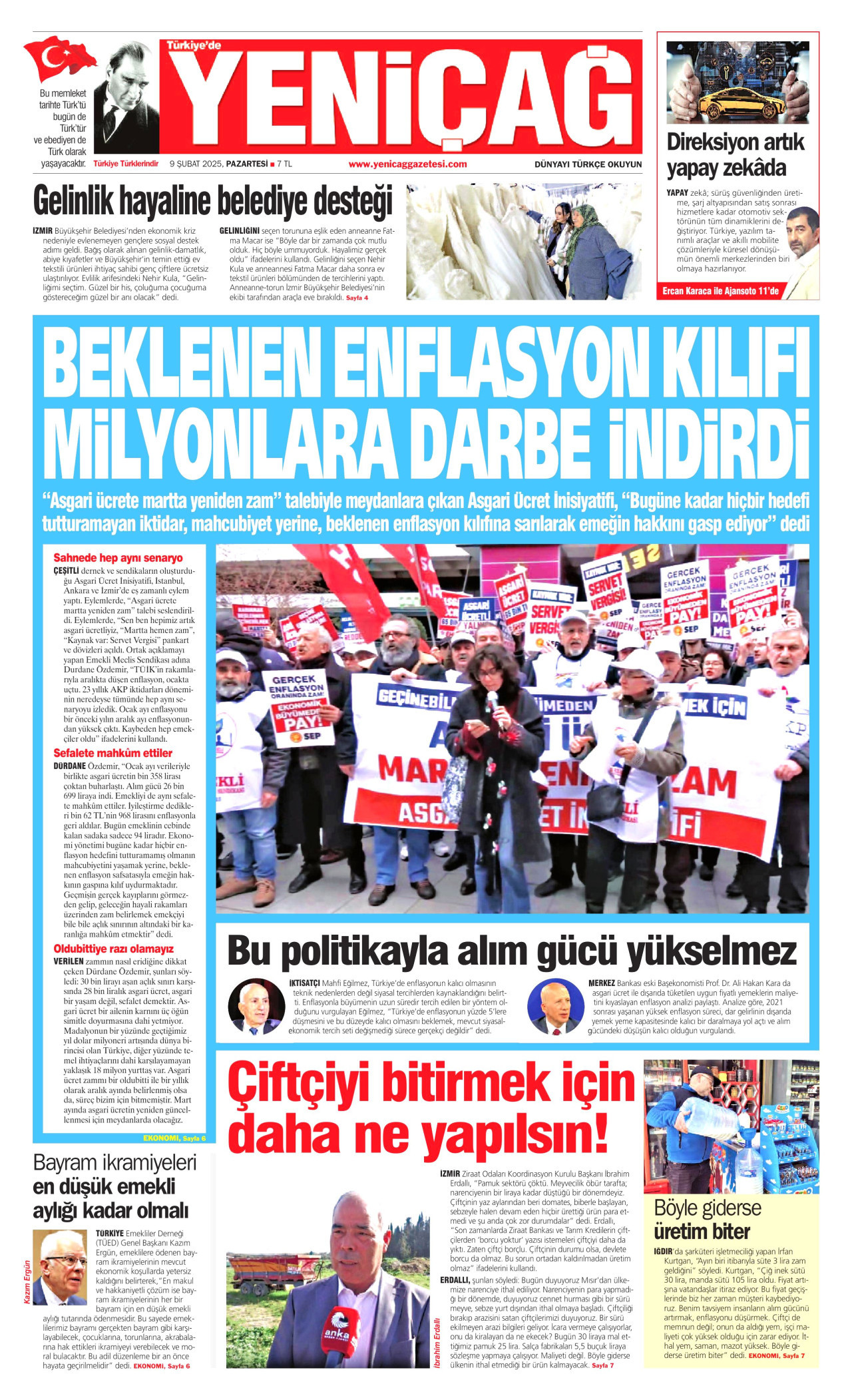 YENİÇAĞ gazetesinin 9 Şubat 2026 tarihli birinci sayfası