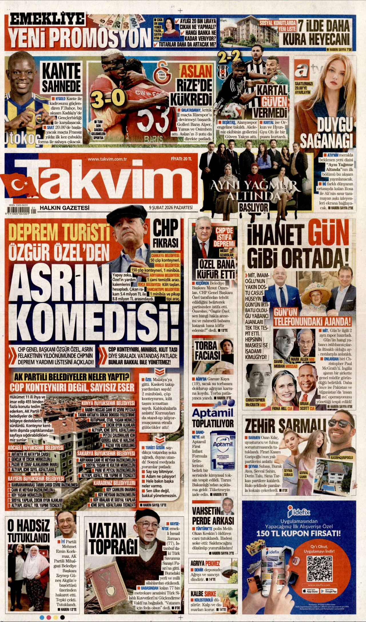 TAKVİM gazetesinin 9 Şubat 2026 tarihli birinci sayfası