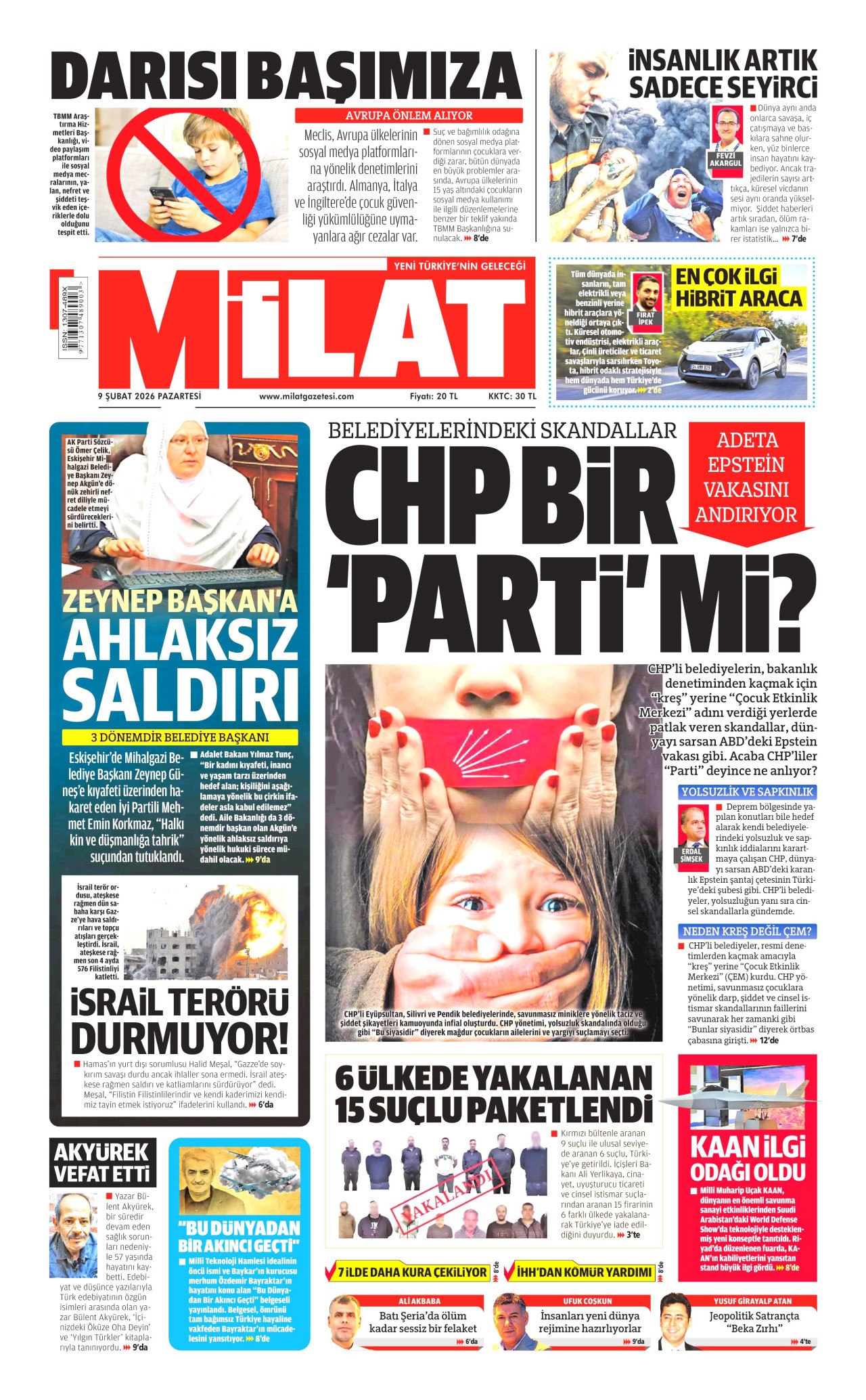 MİLAT gazetesinin 9 Şubat 2026 tarihli birinci sayfası