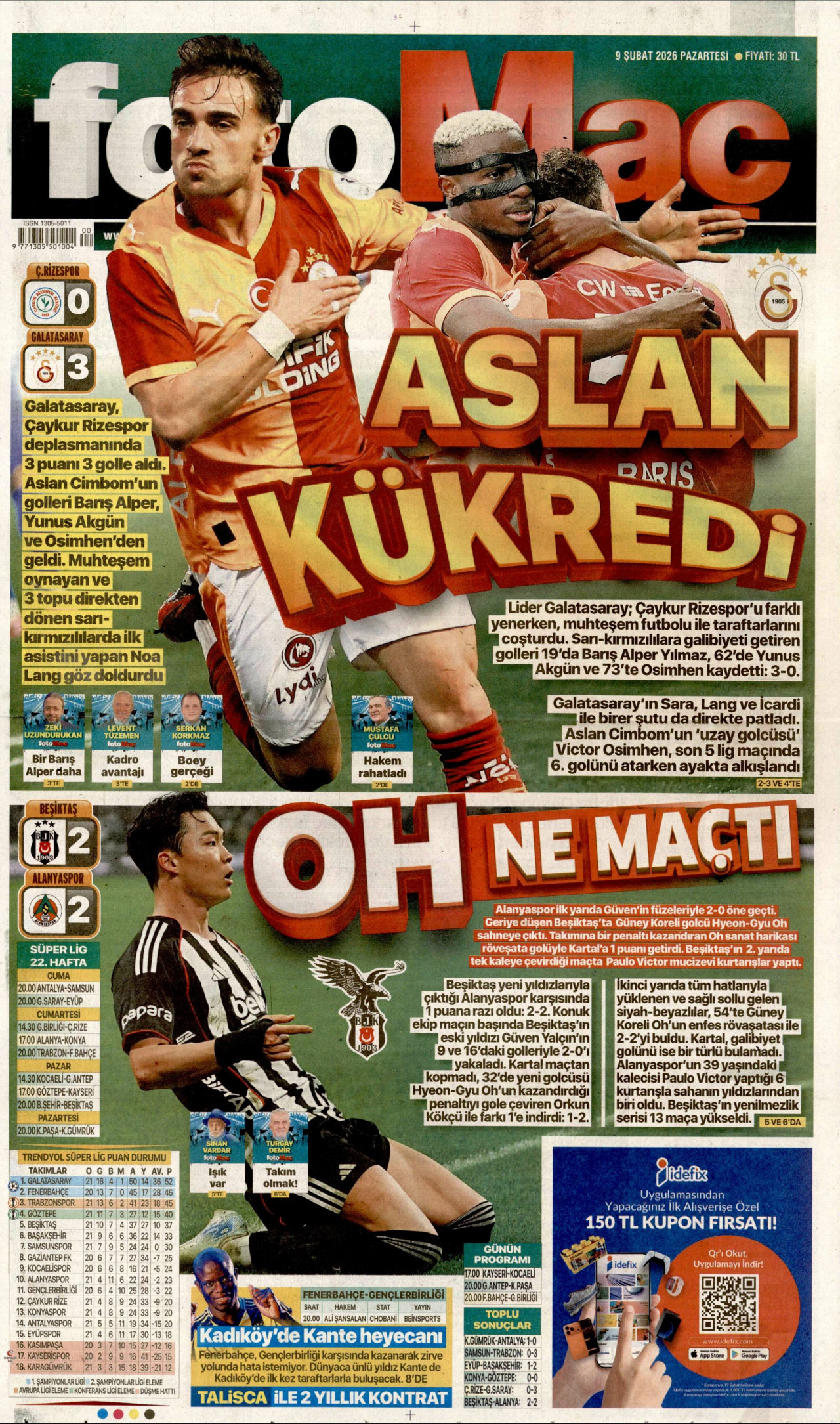 FOTOMAÇ gazetesinin 9 Şubat 2026 tarihli birinci sayfası