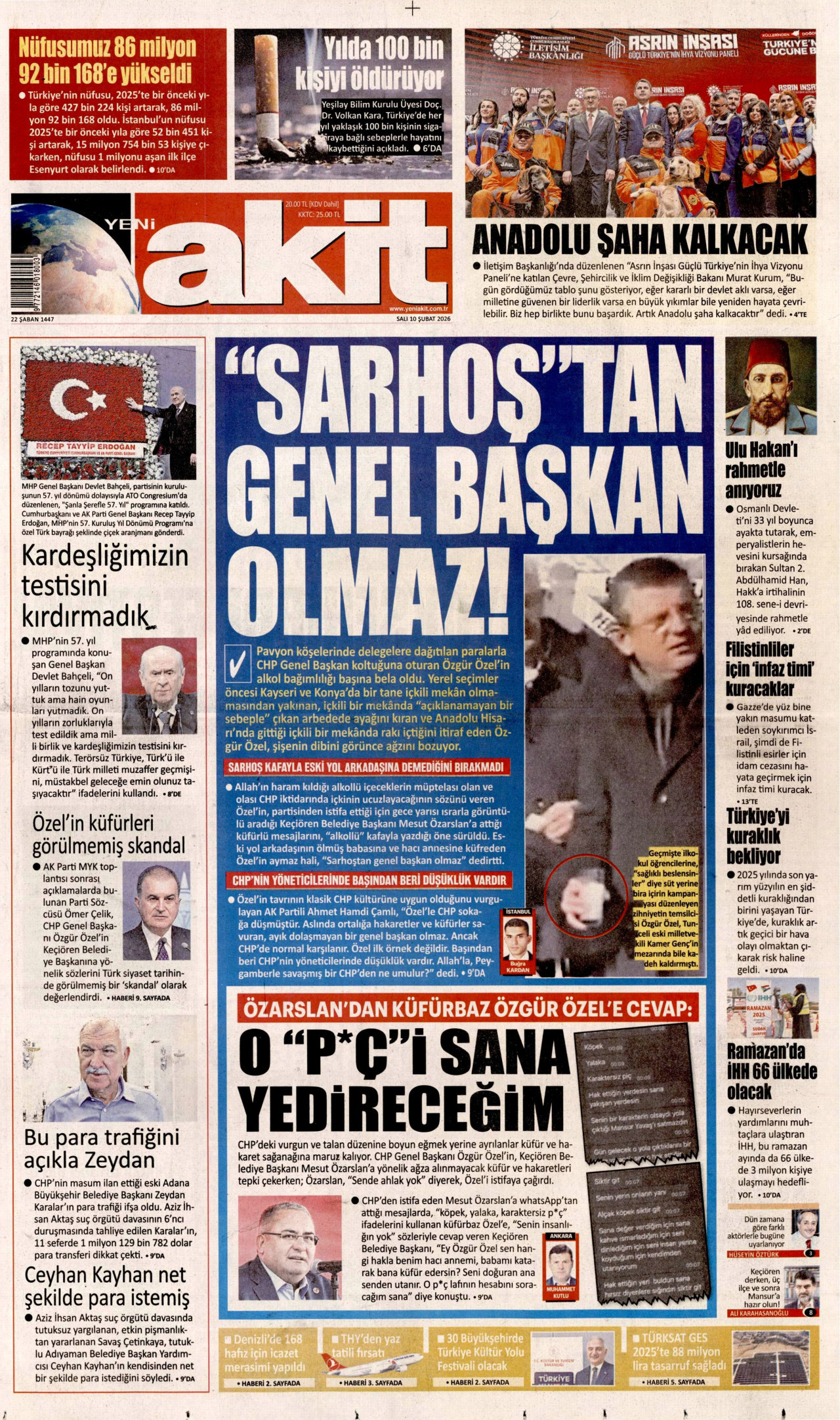 YENİ AKİT gazetesinin 10 Şubat 2026 tarihli birinci sayfası