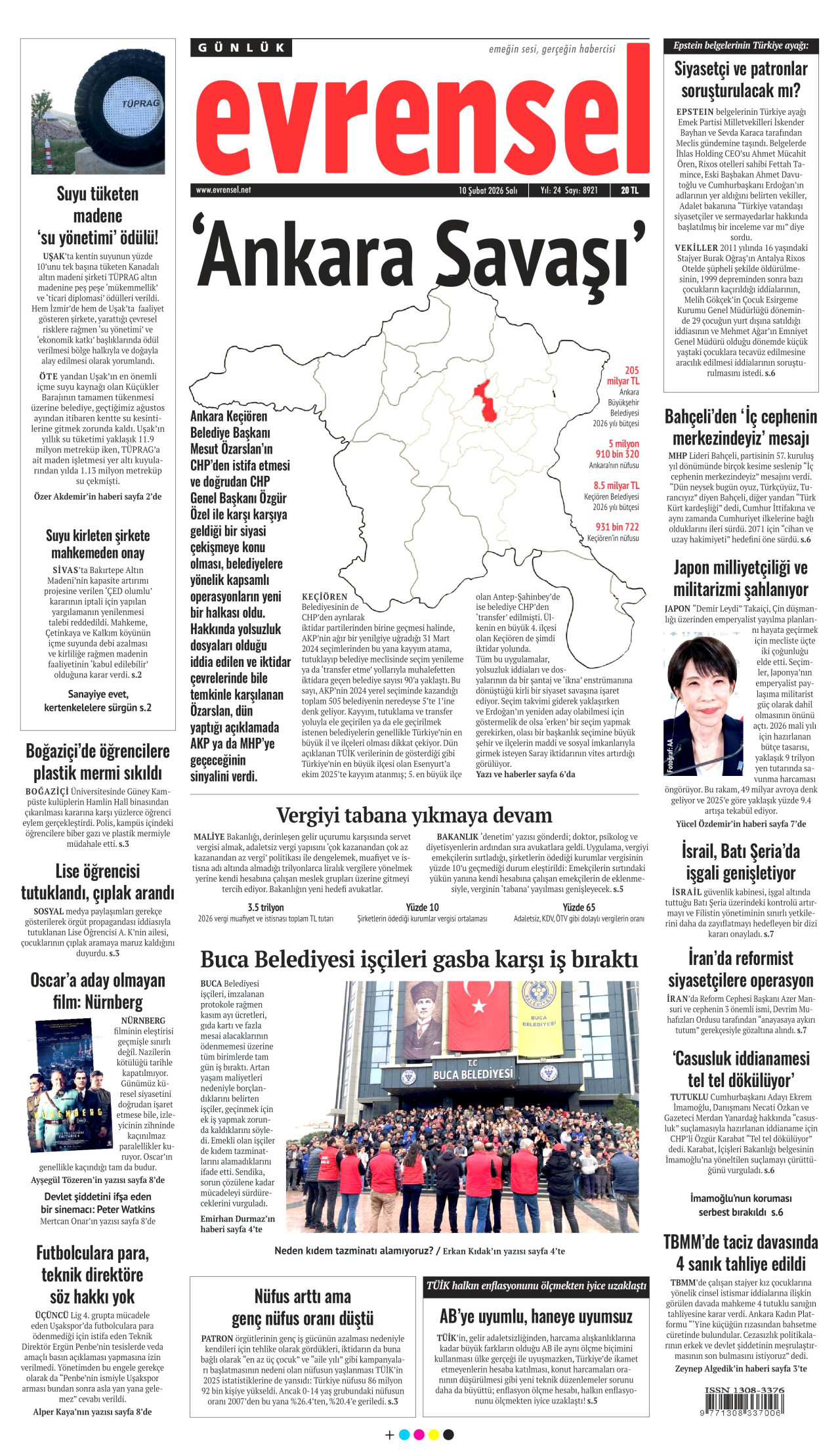 EVRENSEL gazetesinin 10 Şubat 2026 tarihli birinci sayfası