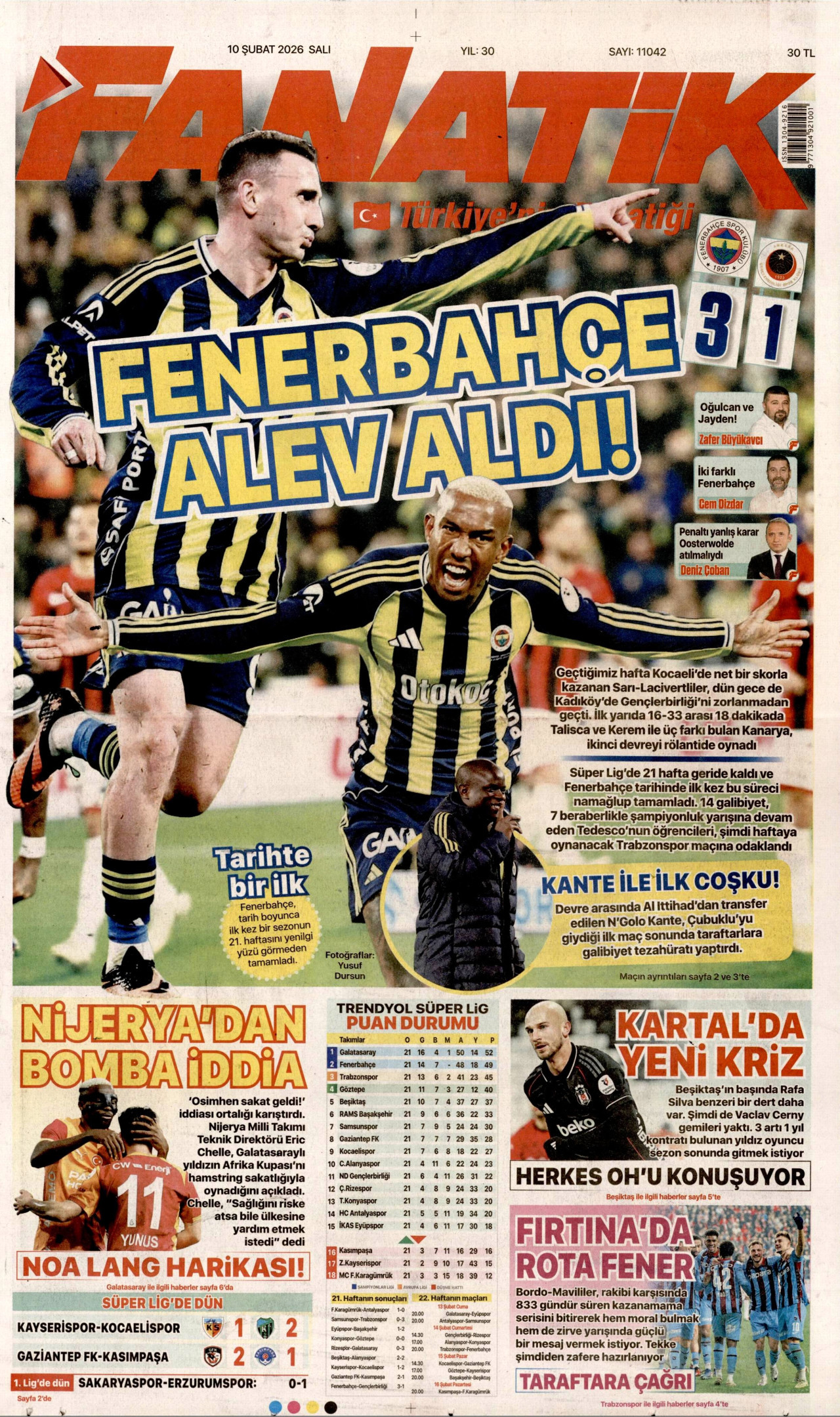 FANATİK gazetesinin 10 Şubat 2026 tarihli birinci sayfası