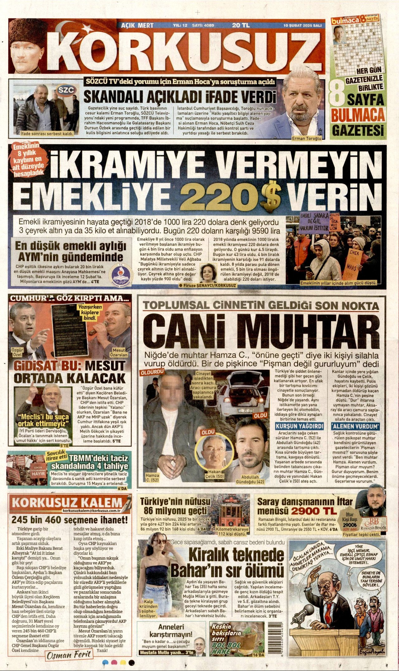 KORKUSUZ gazetesinin 10 Şubat 2026 tarihli birinci sayfası