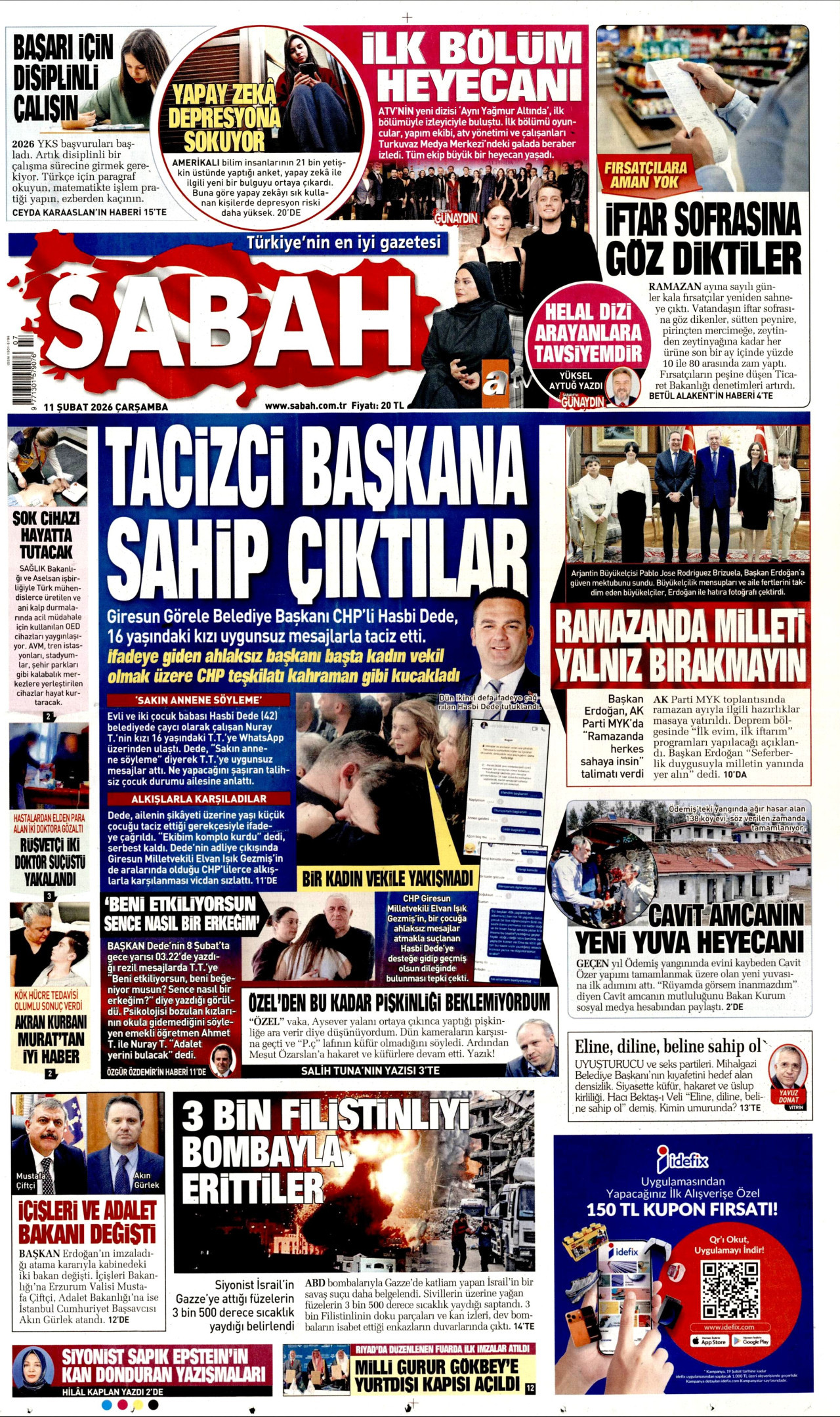 SABAH gazetesinin 11 Şubat 2026 tarihli birinci sayfası
