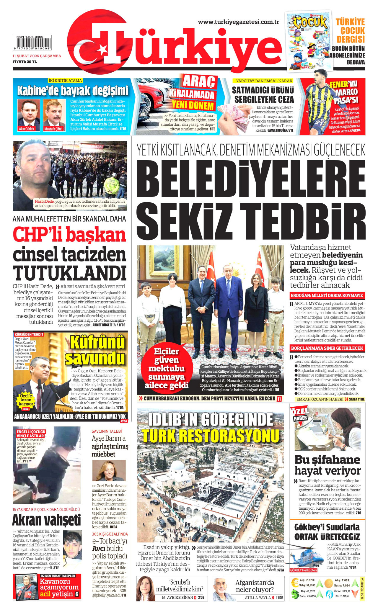 TÜRKİYE GAZETESİ gazetesinin 11 Şubat 2026 tarihli birinci sayfası