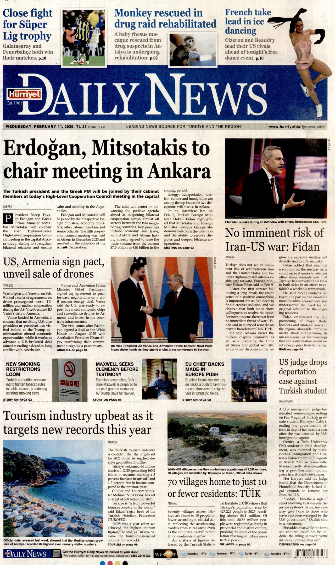 HÜRRİYET DAİLY NEWS gazetesinin 11 Şubat 2026 tarihli birinci sayfası