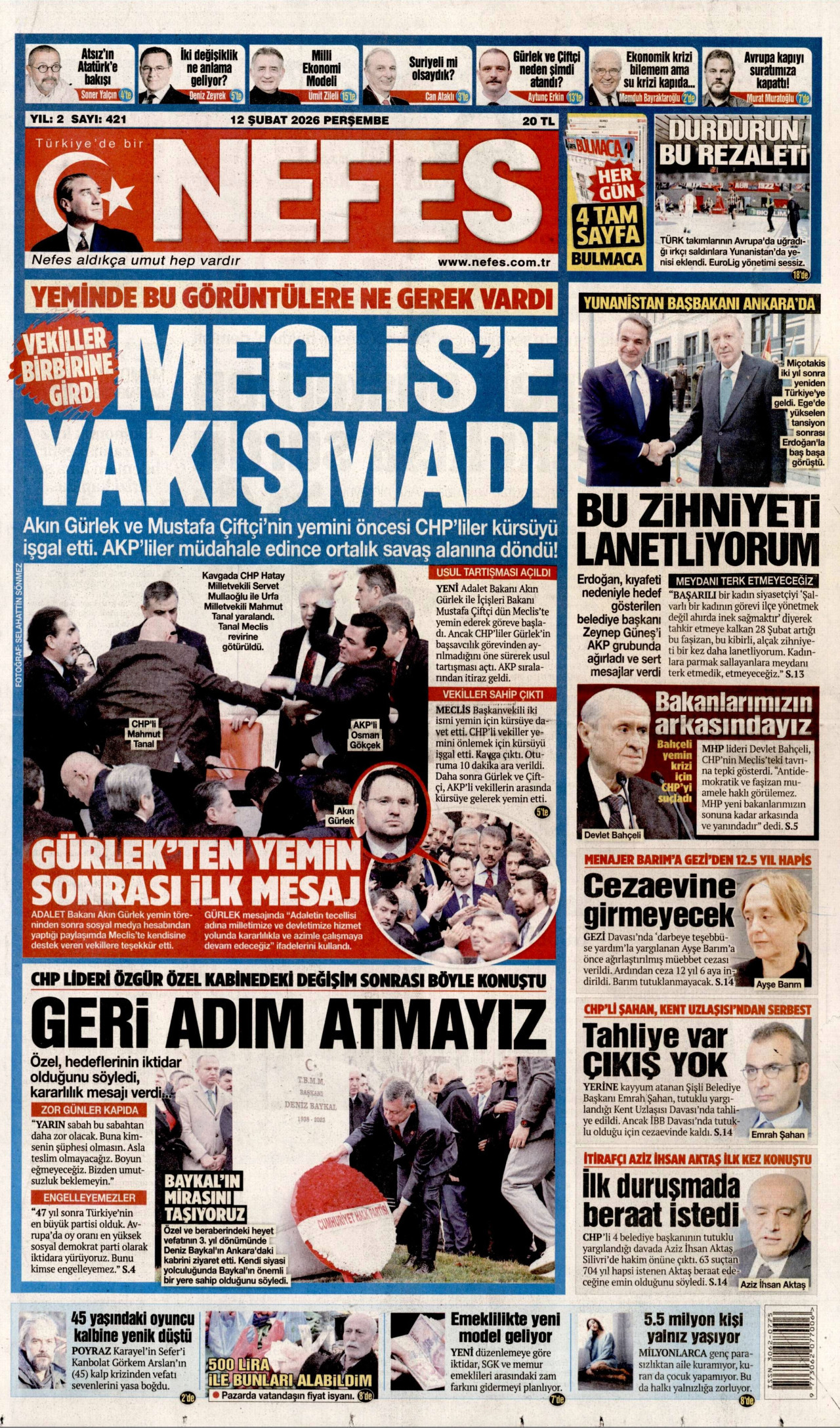 NEFES gazetesinin 12 Şubat 2026 tarihli birinci sayfası