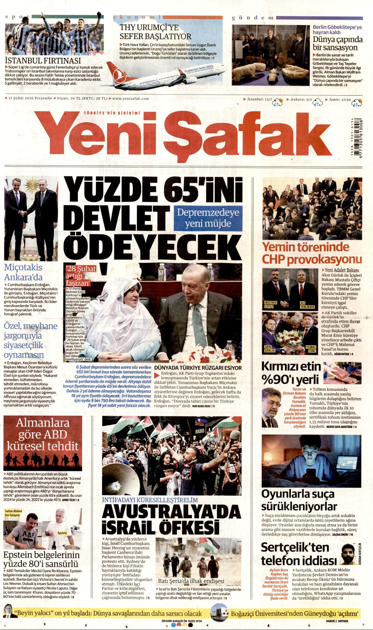 YENİ ŞAFAK gazetesinin 12 Şubat 2026 tarihli birinci sayfası