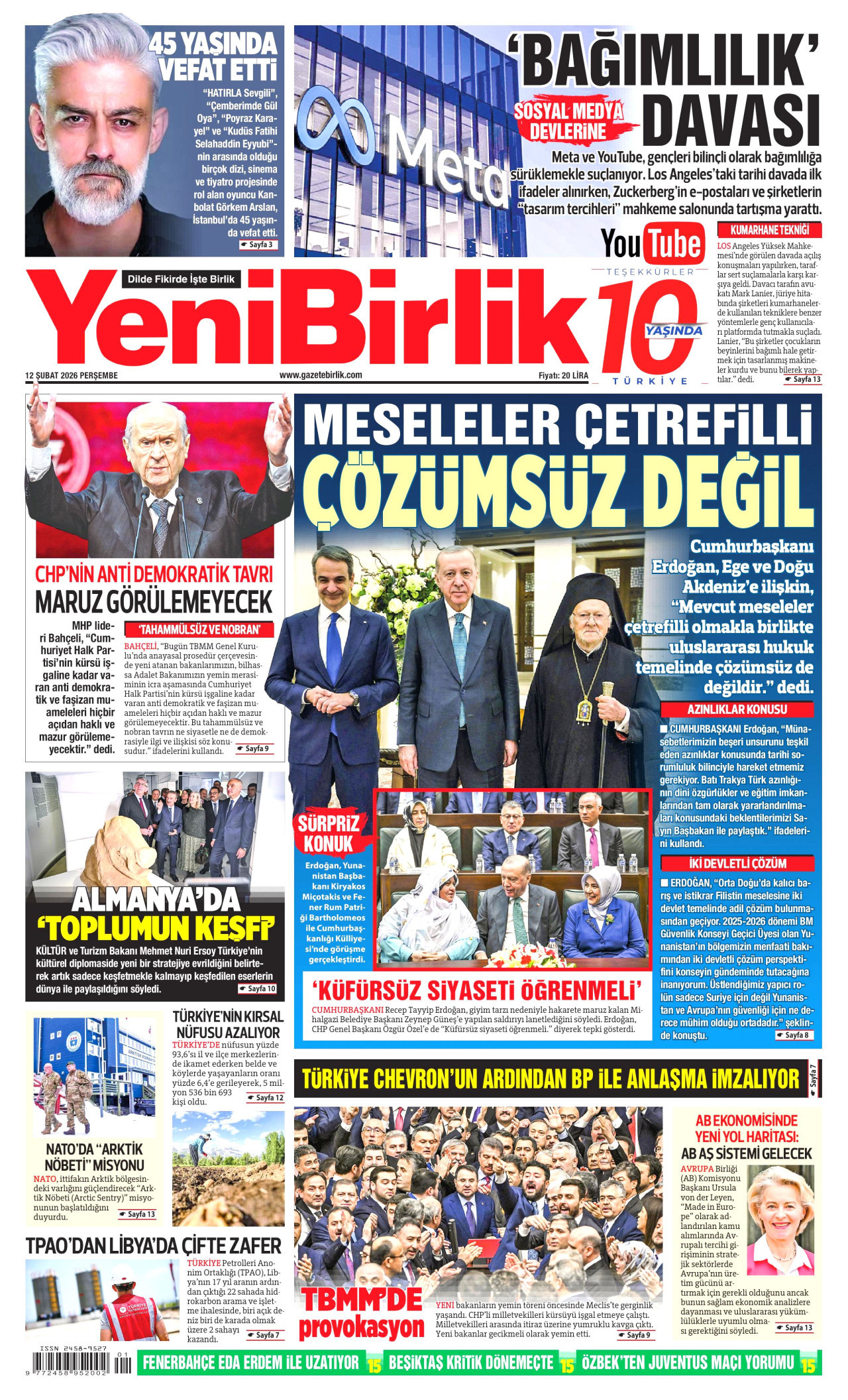 YENİBİRLİK gazetesinin 12 Şubat 2026 tarihli birinci sayfası