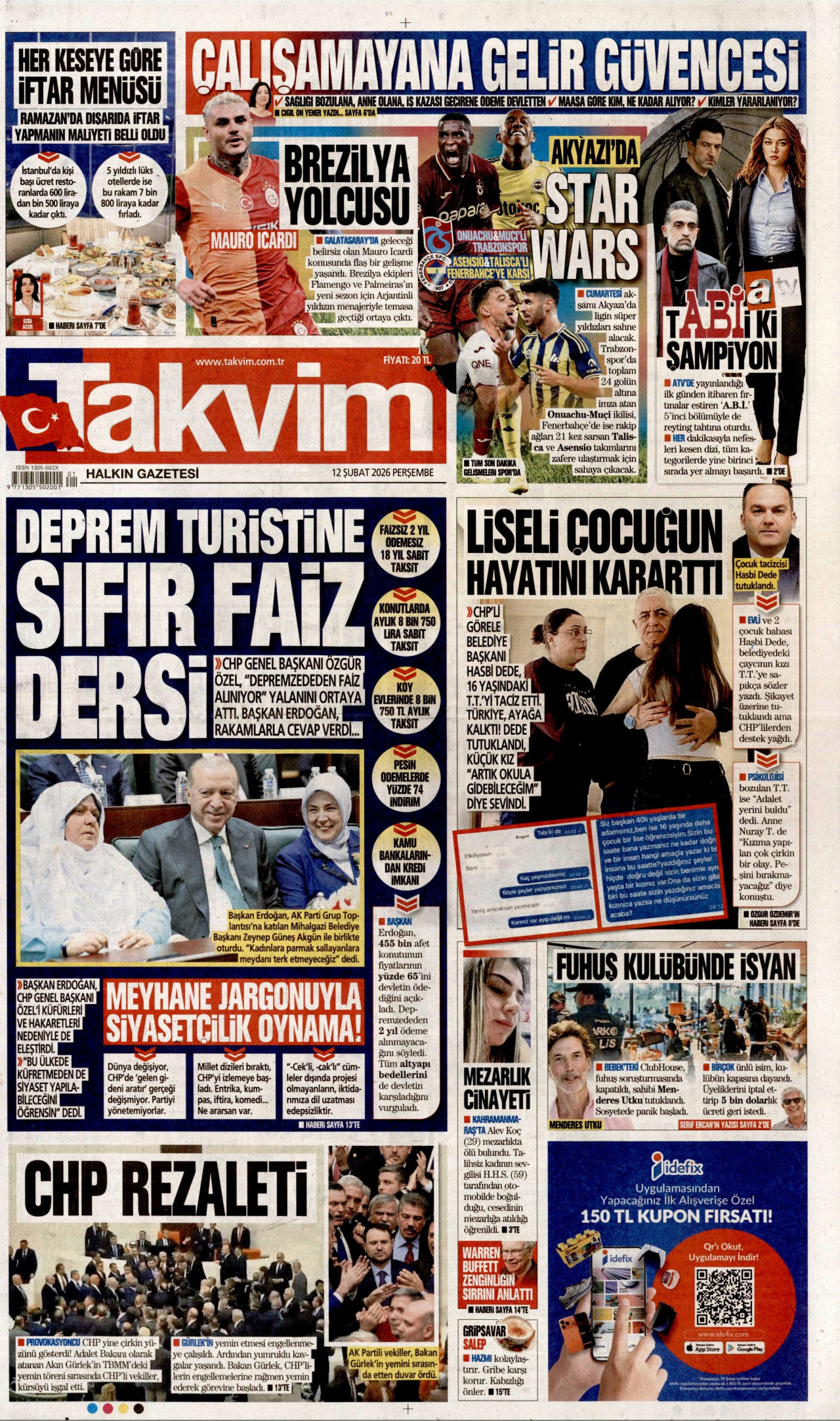 TAKVİM gazetesinin 12 Şubat 2026 tarihli birinci sayfası