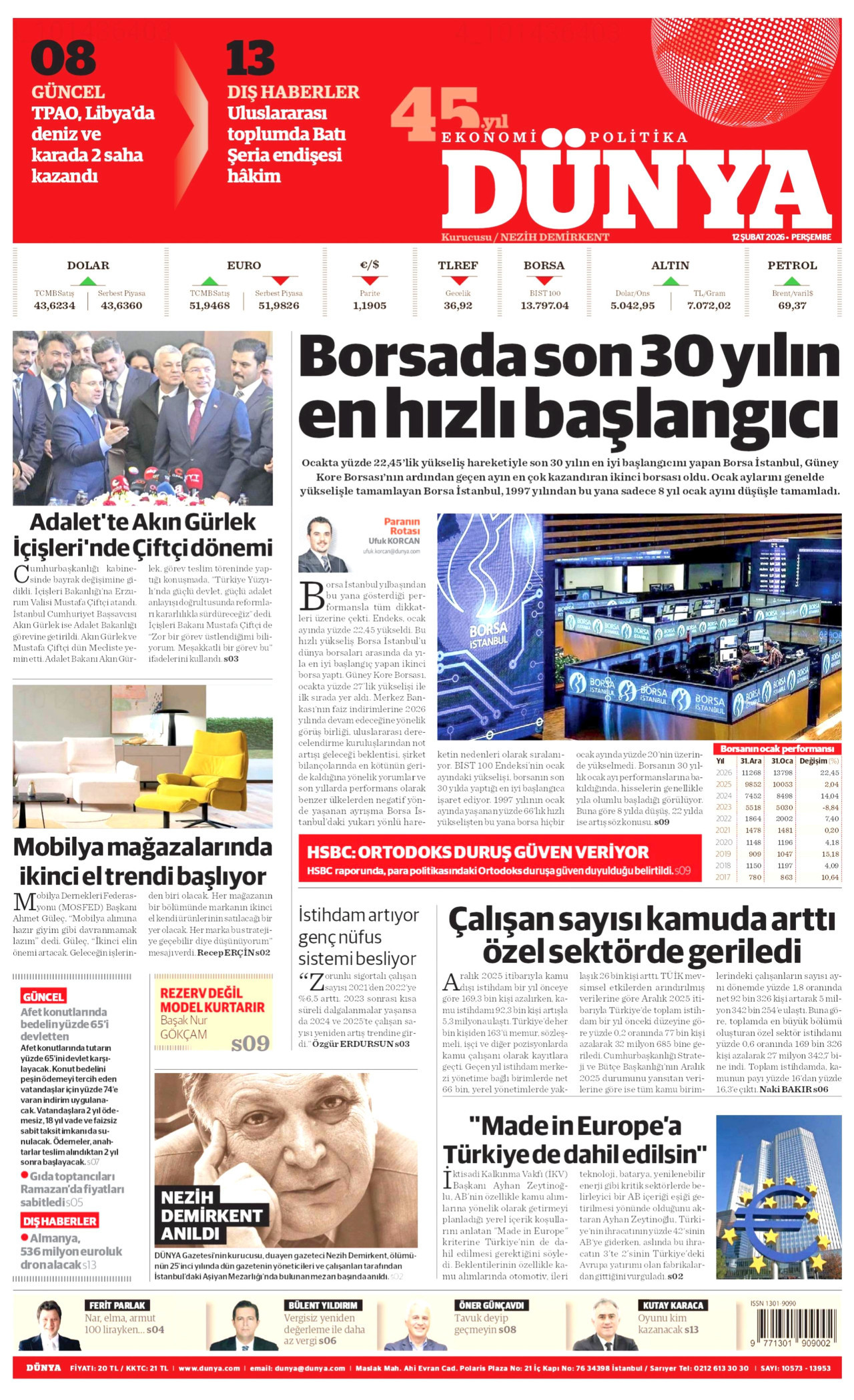 DÜNYA gazetesinin 12 Şubat 2026 tarihli birinci sayfası