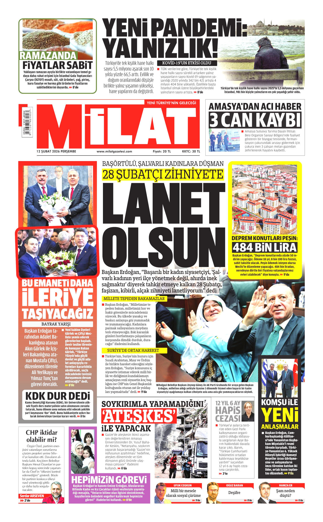 MİLAT gazetesinin 12 Şubat 2026 tarihli birinci sayfası