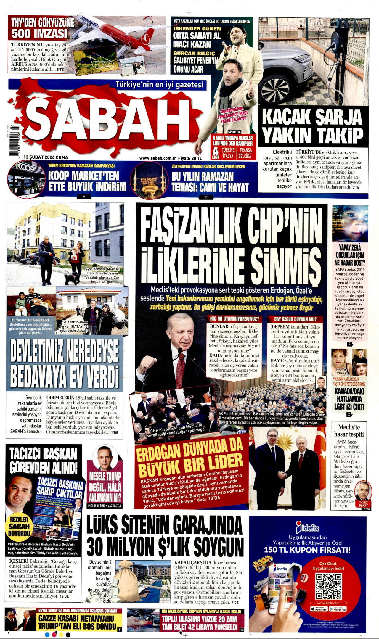 SABAH gazetesinin 13 Şubat 2026 tarihli birinci sayfası