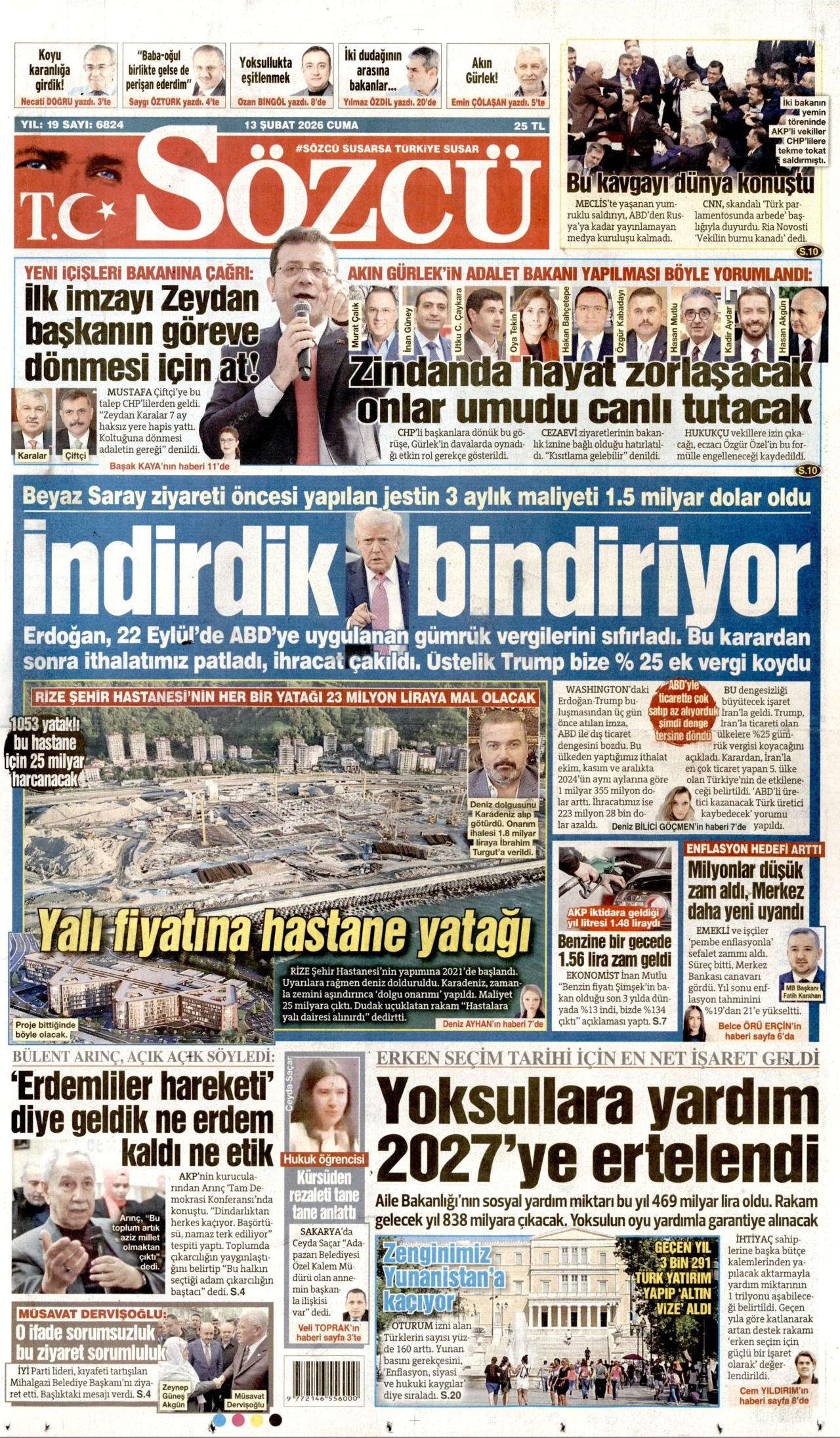 SÖZCÜ gazetesinin 13 Şubat 2026 tarihli birinci sayfası