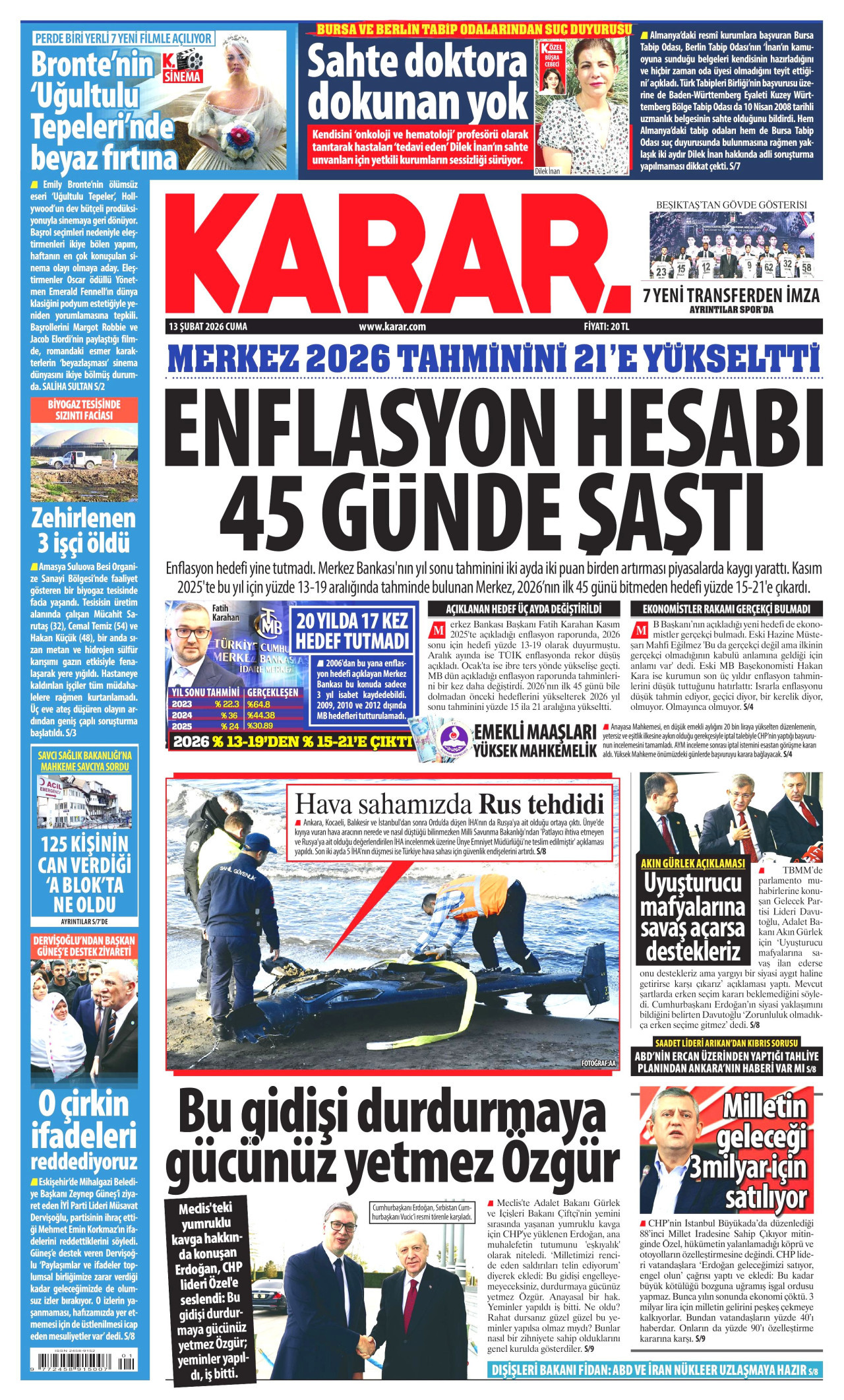 KARAR gazetesinin 13 Şubat 2026 tarihli birinci sayfası