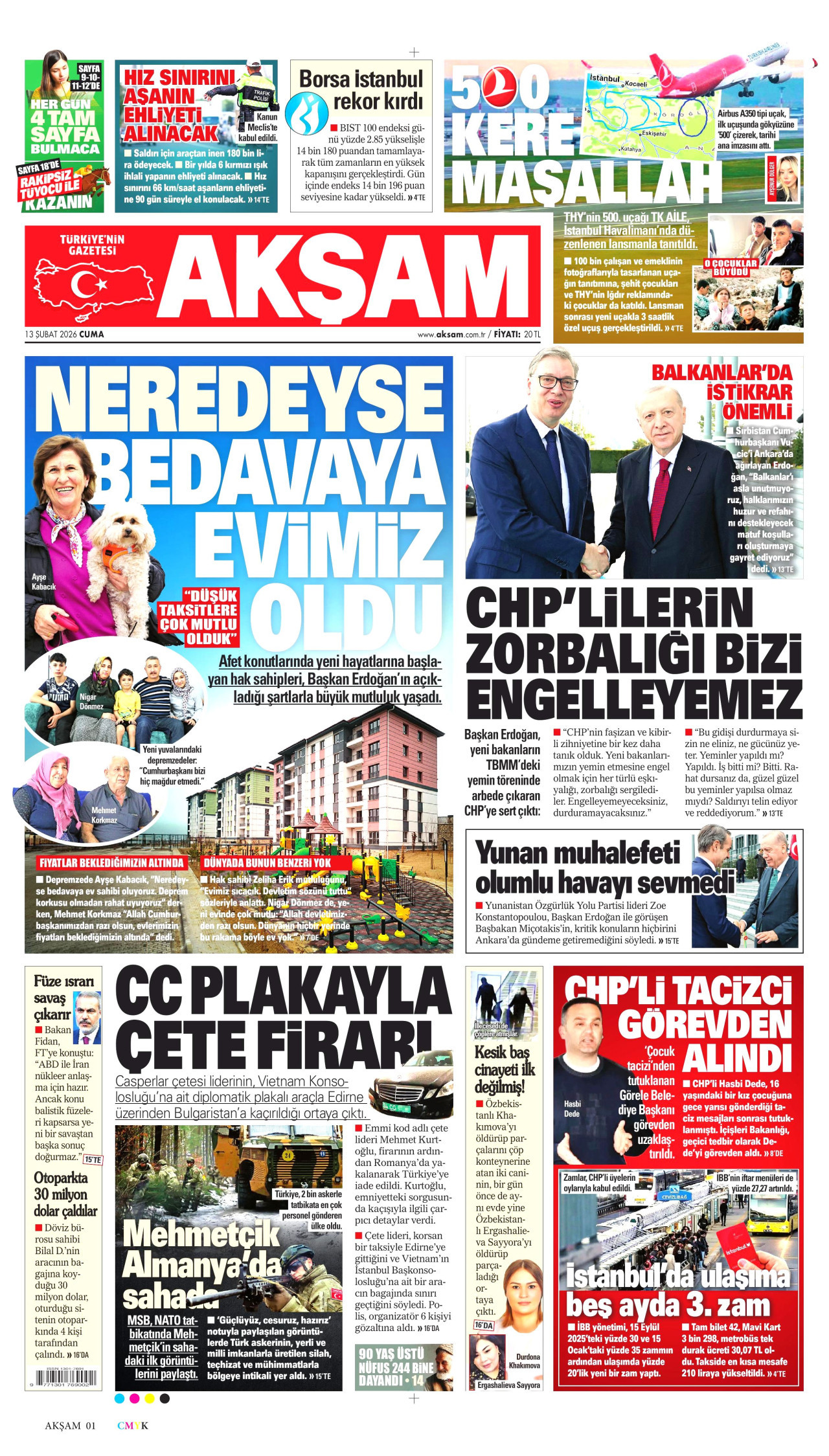 AKŞAM gazetesinin 13 Şubat 2026 tarihli birinci sayfası