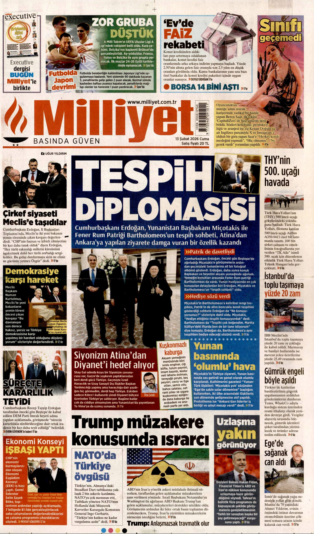 MİLLİYET gazetesinin 13 Şubat 2026 tarihli birinci sayfası
