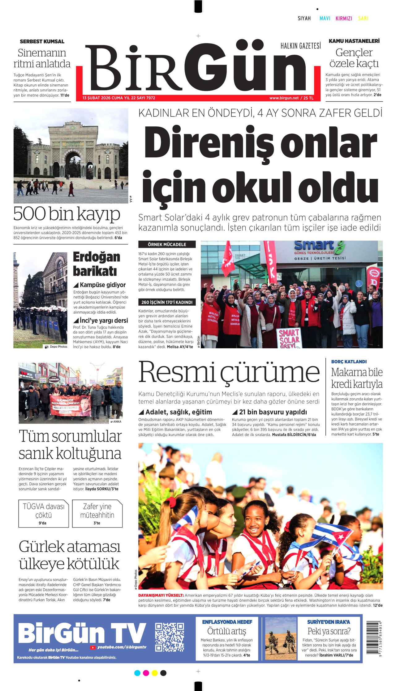 BİRGÜN gazetesinin 13 Şubat 2026 tarihli birinci sayfası