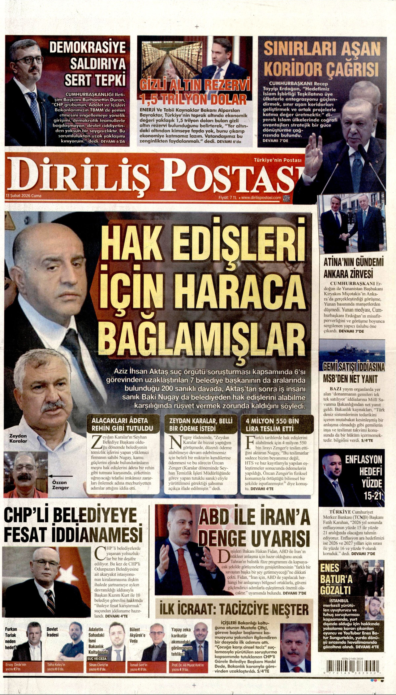 DİRİLİŞ POSTASI gazetesinin 13 Şubat 2026 tarihli birinci sayfası