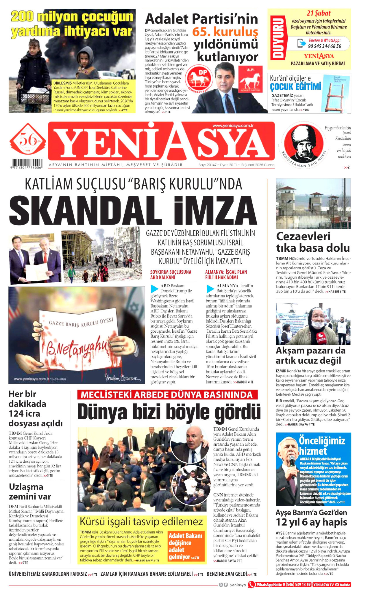 YENİ ASYA gazetesinin 13 Şubat 2026 tarihli birinci sayfası
