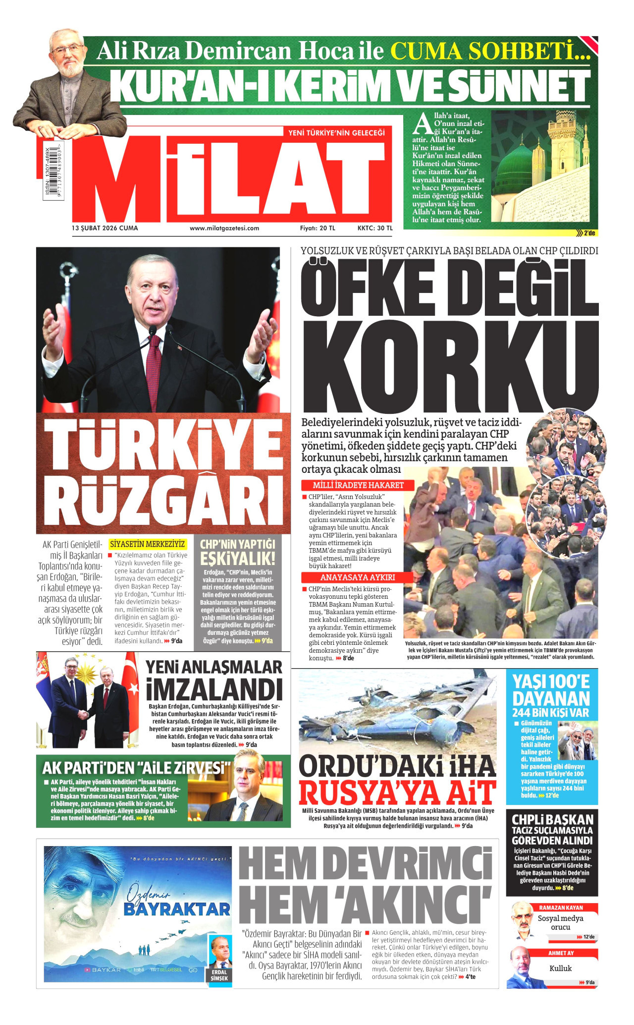 MİLAT gazetesinin 13 Şubat 2026 tarihli birinci sayfası