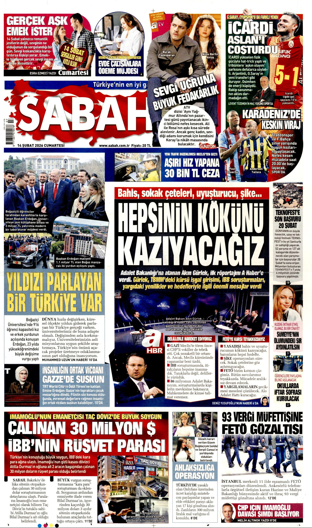 SABAH gazetesinin 14 Şubat 2026 tarihli birinci sayfası