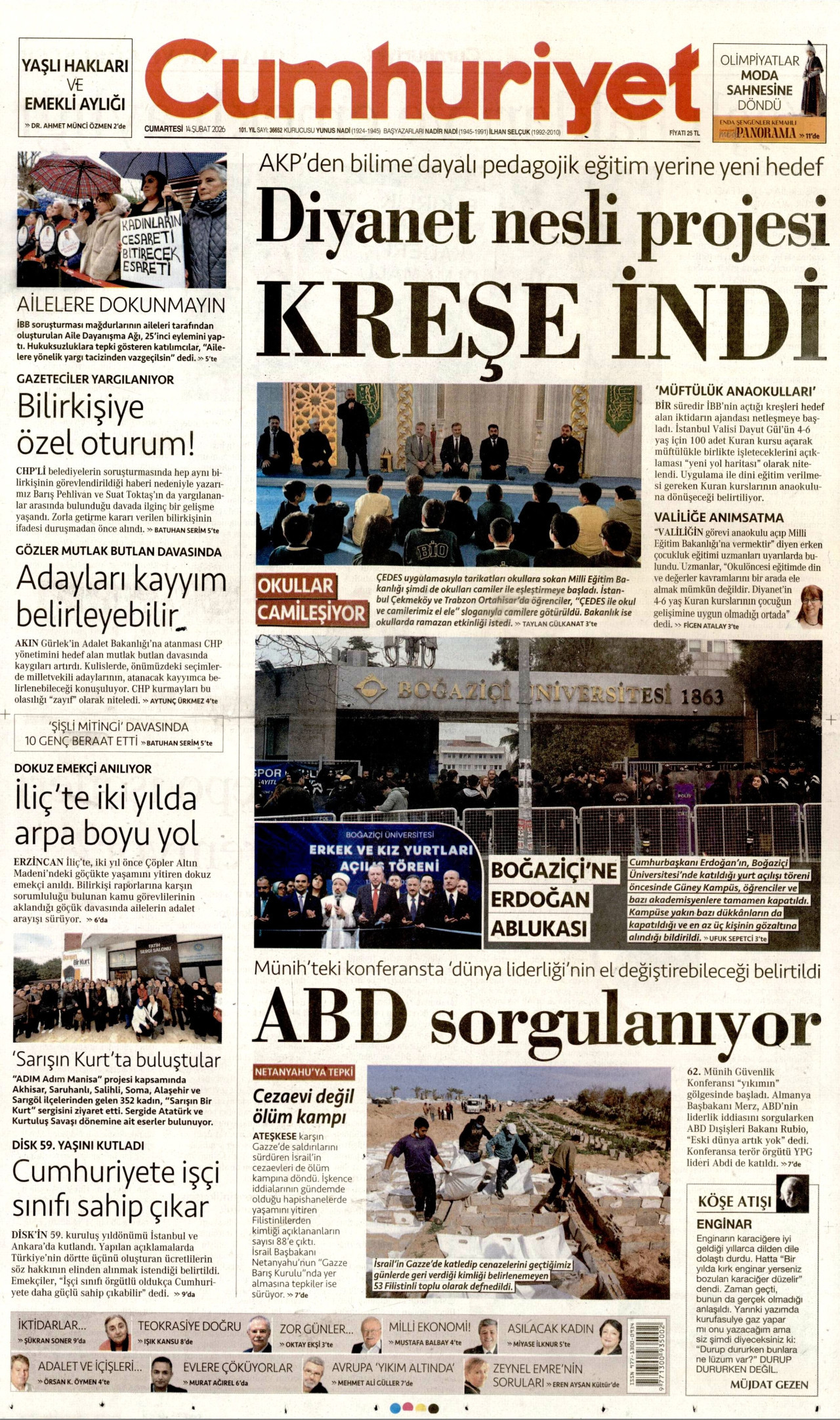 CUMHURİYET gazetesinin 14 Şubat 2026 tarihli birinci sayfası