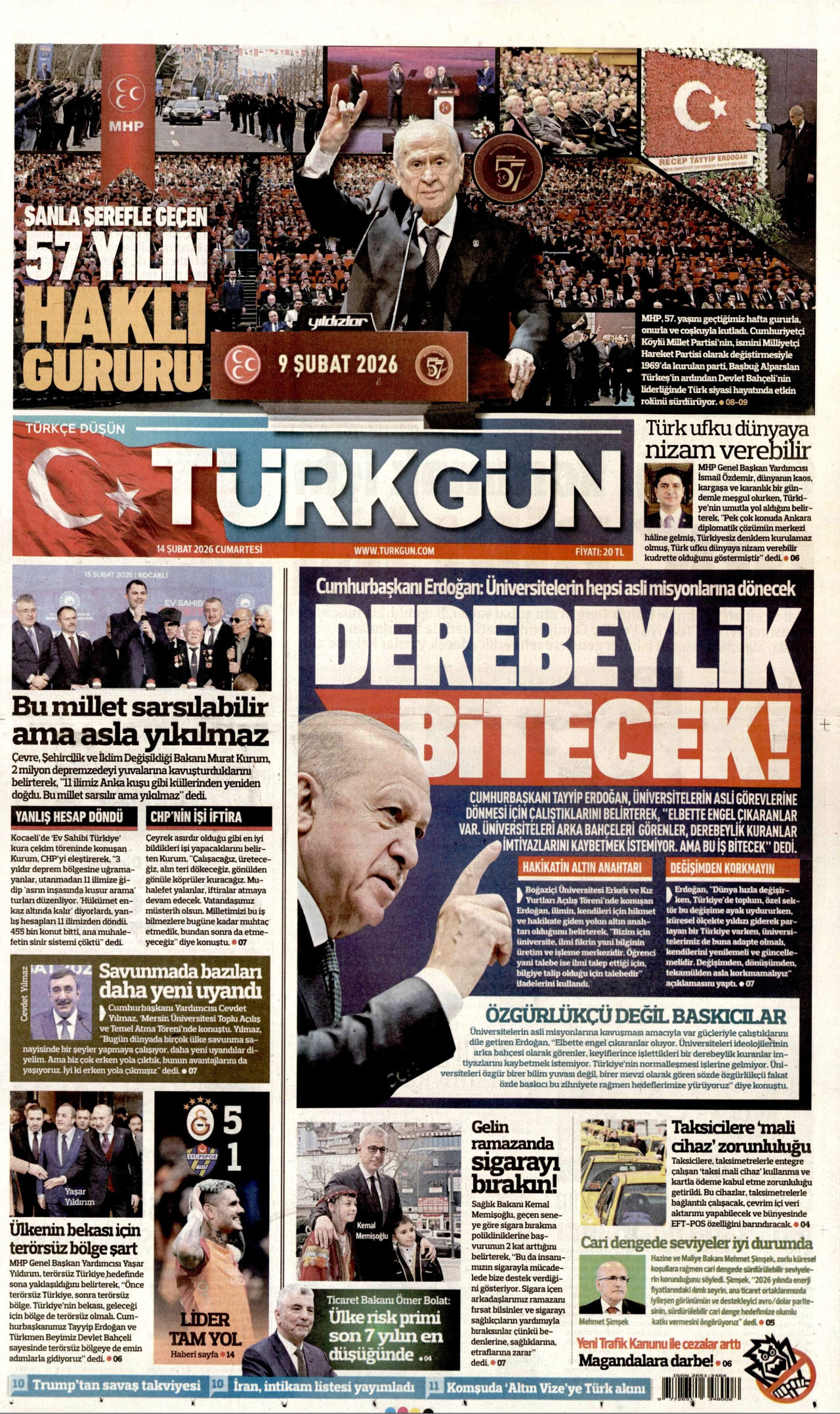 TÜRKGÜN gazetesinin 14 Şubat 2026 tarihli birinci sayfası