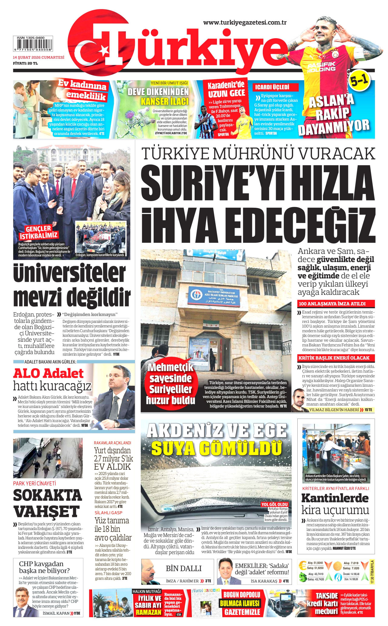 TÜRKİYE GAZETESİ gazetesinin 14 Şubat 2026 tarihli birinci sayfası