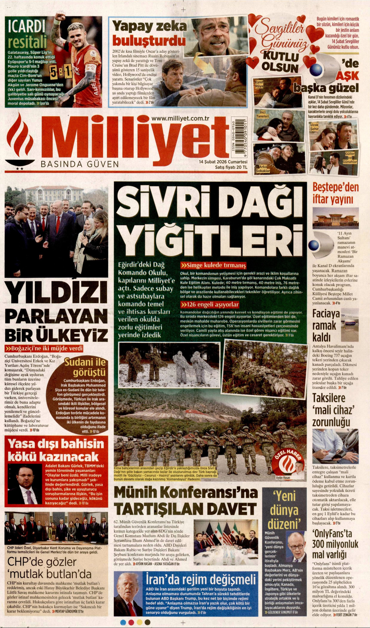 MİLLİYET gazetesinin 14 Şubat 2026 tarihli birinci sayfası