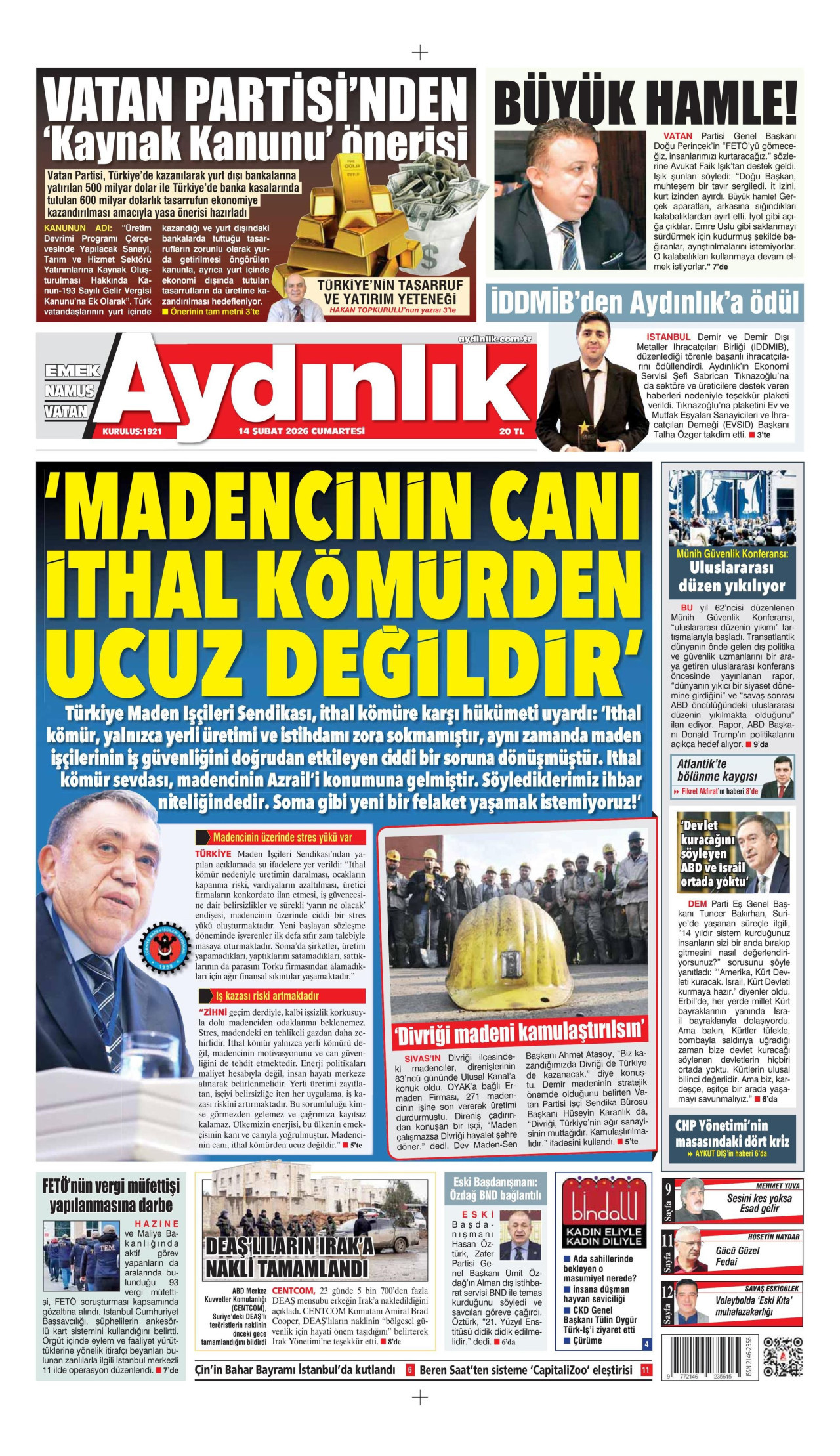 AYDINLIK GAZETESİ gazetesinin 14 Şubat 2026 tarihli birinci sayfası