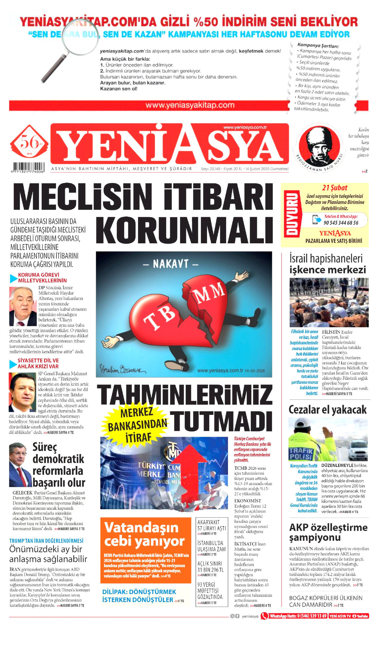 YENİ ASYA gazetesinin 14 Şubat 2026 tarihli birinci sayfası