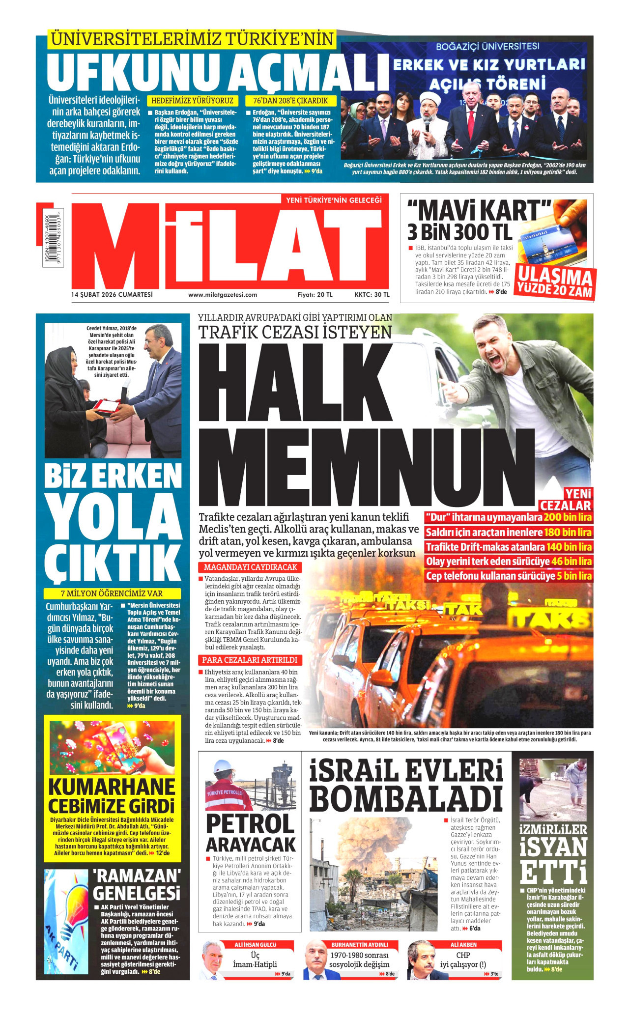MİLAT gazetesinin 14 Şubat 2026 tarihli birinci sayfası