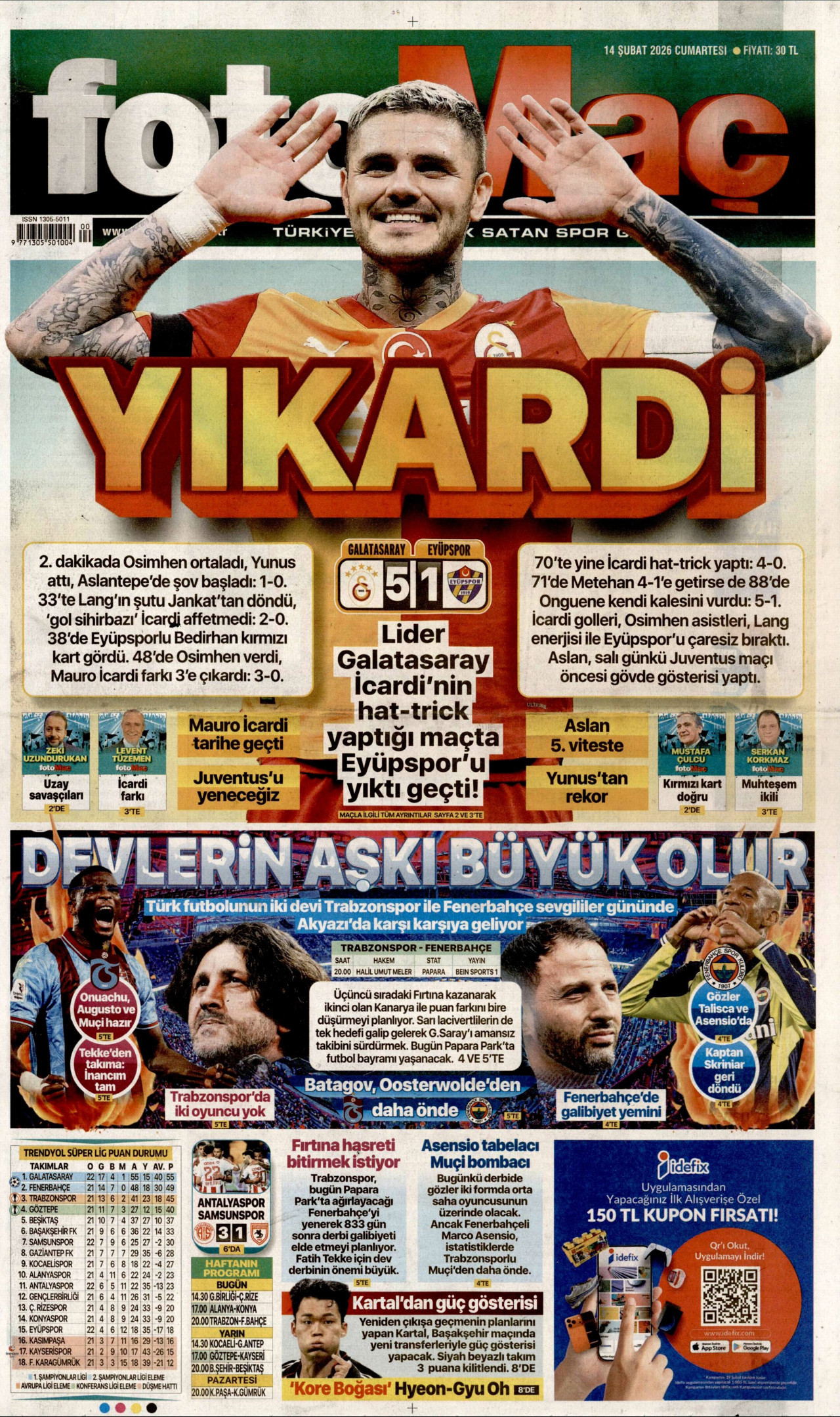 FOTOMAÇ gazetesinin 14 Şubat 2026 tarihli birinci sayfası