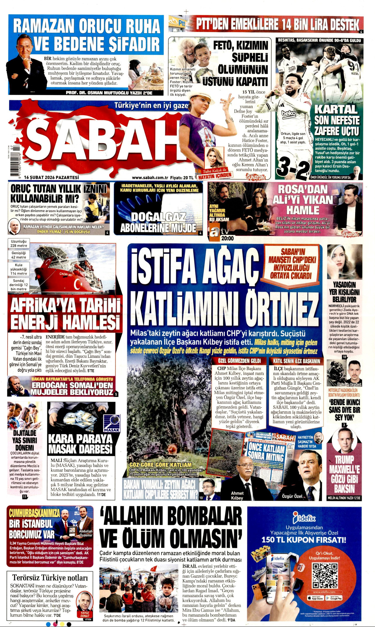 SABAH gazetesinin 16 Şubat 2026 tarihli birinci sayfası