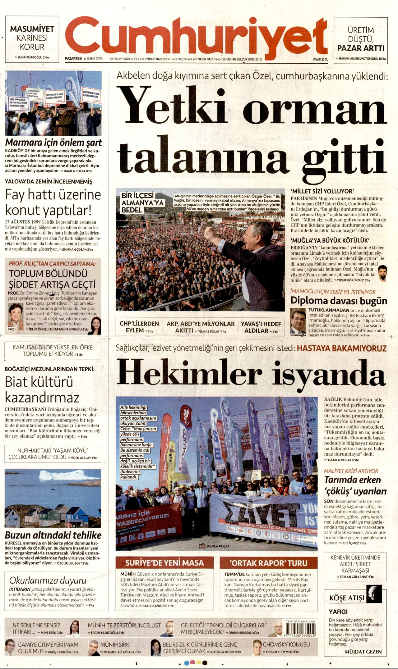 CUMHURİYET gazetesinin 16 Şubat 2026 tarihli birinci sayfası