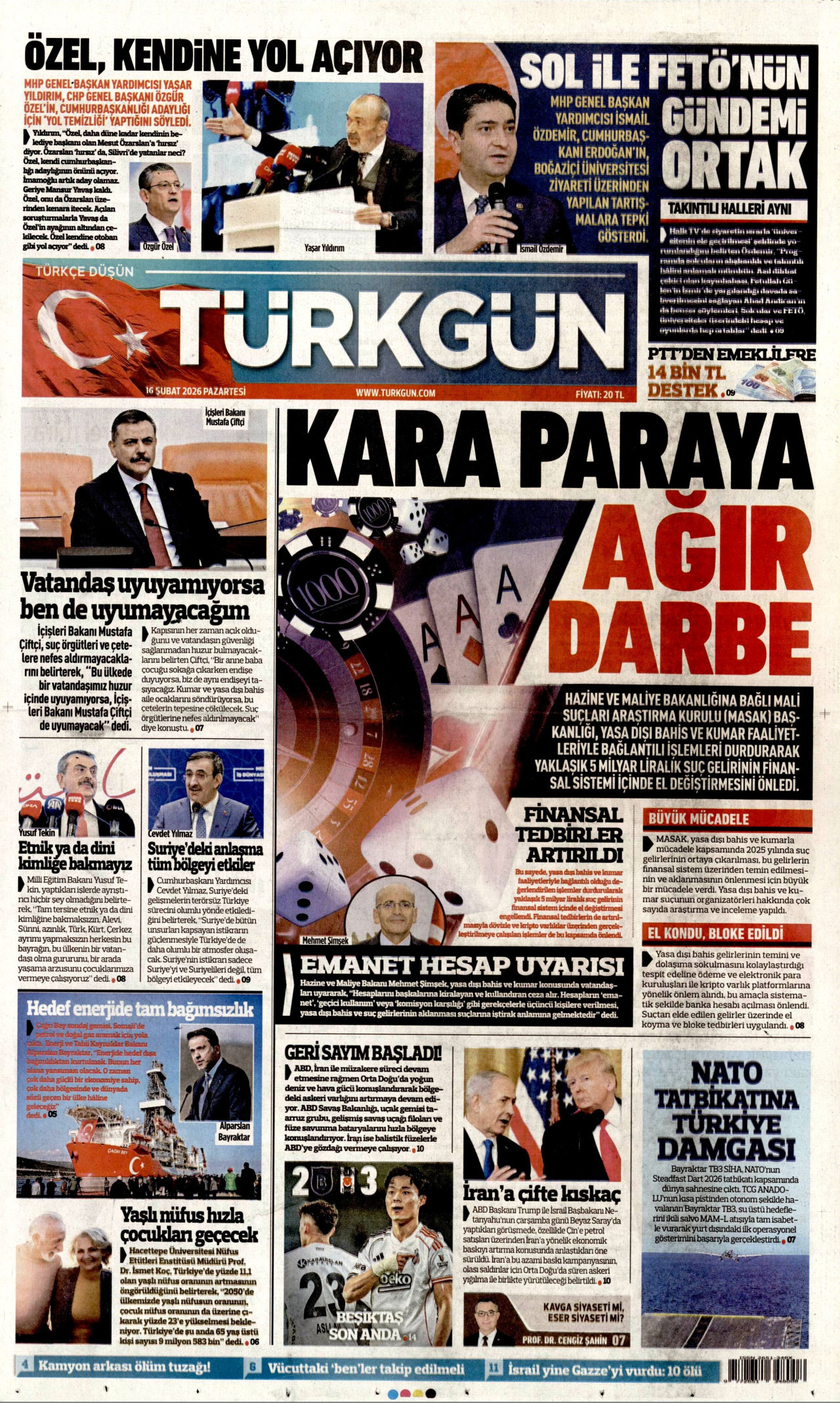 TÜRKGÜN gazetesinin 16 Şubat 2026 tarihli birinci sayfası