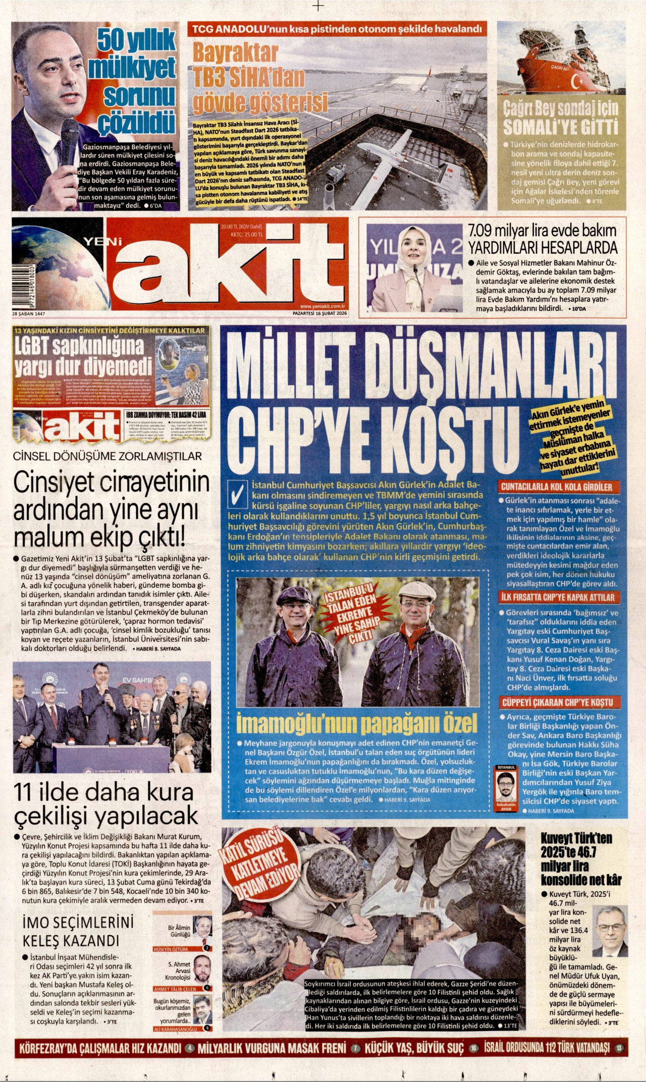 YENİ AKİT gazetesinin 16 Şubat 2026 tarihli birinci sayfası