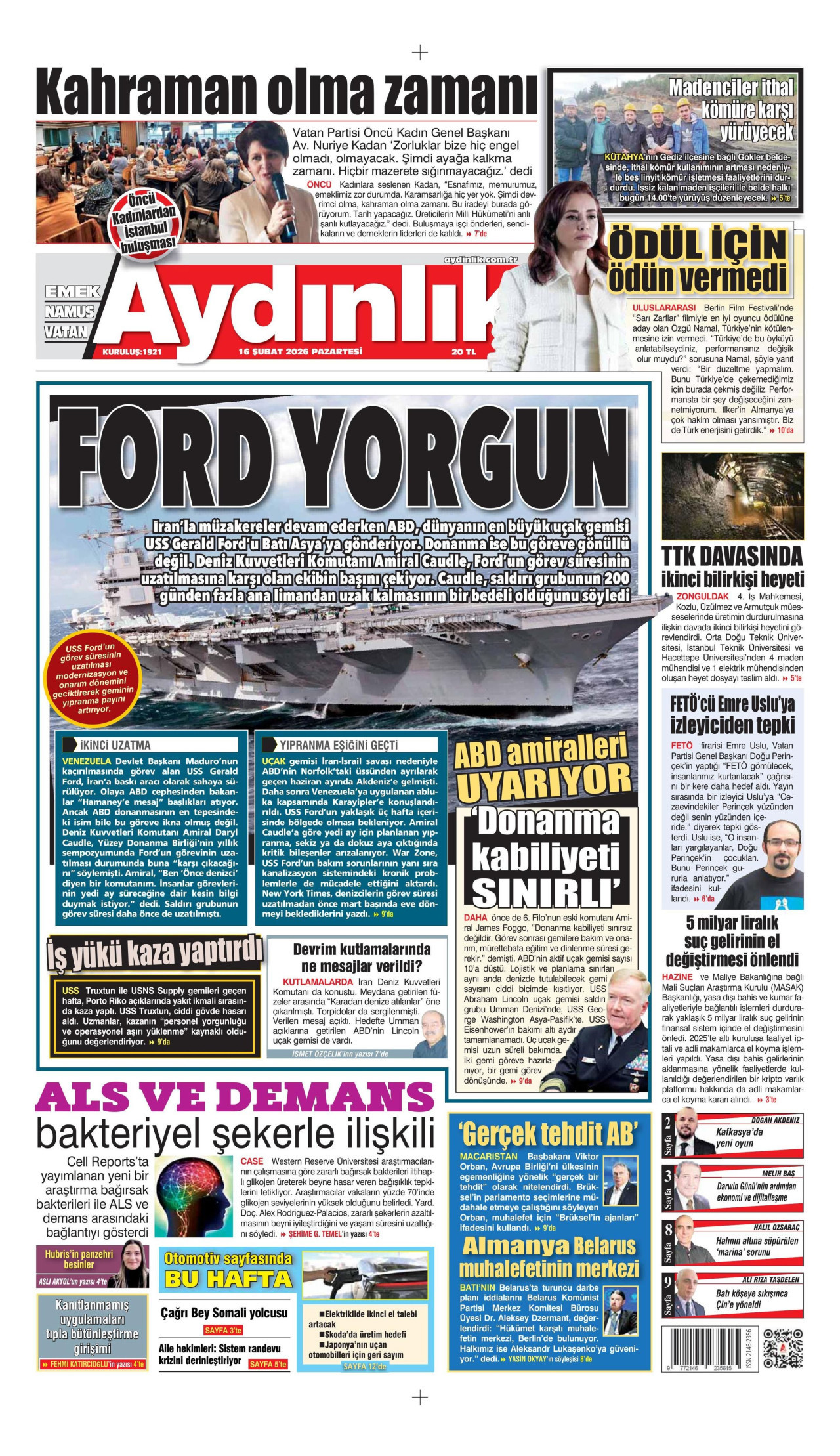 AYDINLIK GAZETESİ gazetesinin 16 Şubat 2026 tarihli birinci sayfası