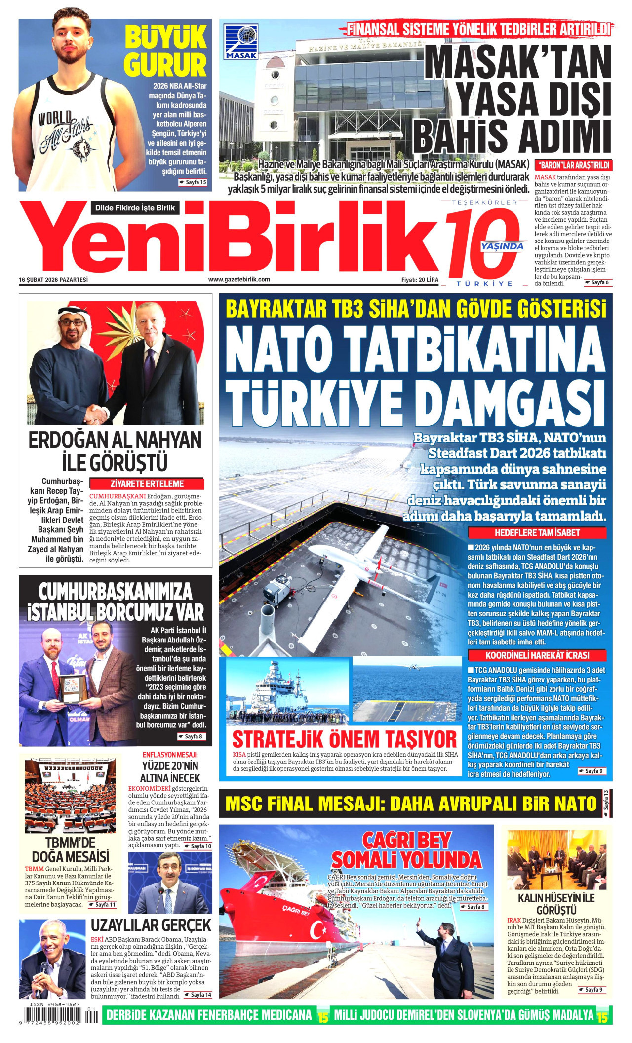 YENİBİRLİK gazetesinin 16 Şubat 2026 tarihli birinci sayfası