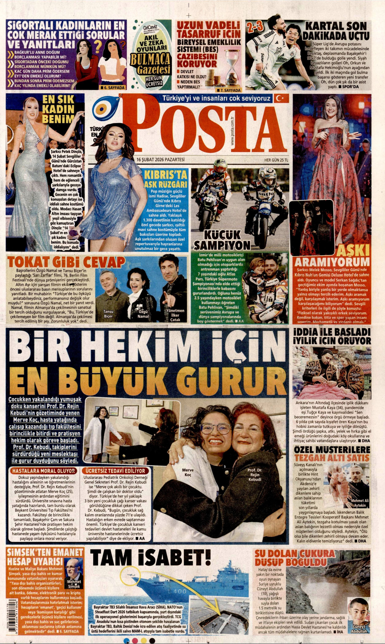 POSTA gazetesinin 16 Şubat 2026 tarihli birinci sayfası