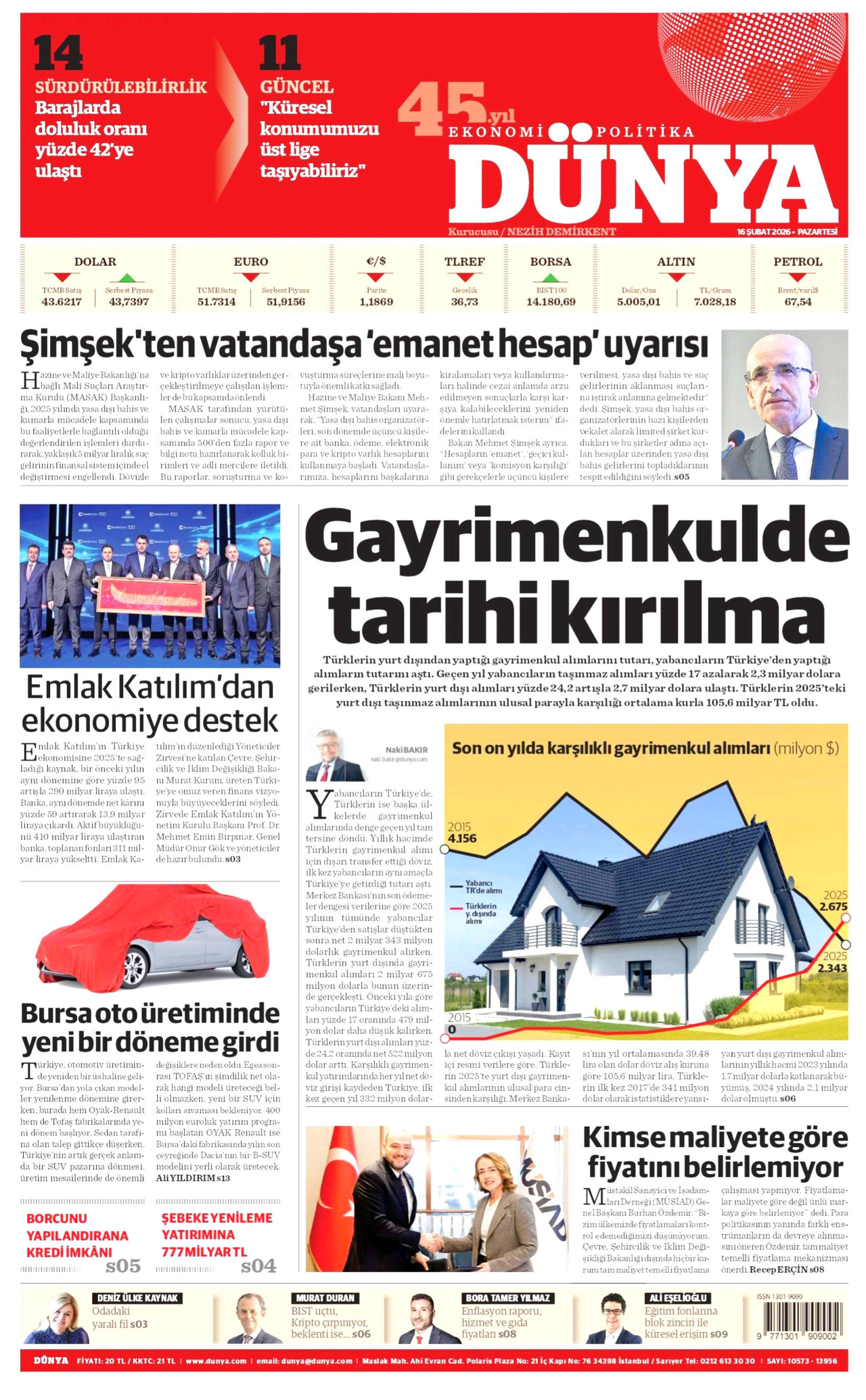 DÜNYA gazetesinin 16 Şubat 2026 tarihli birinci sayfası