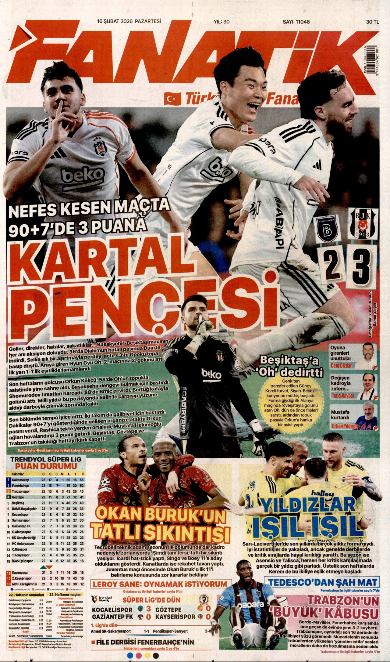 FANATİK gazetesinin 16 Şubat 2026 tarihli birinci sayfası