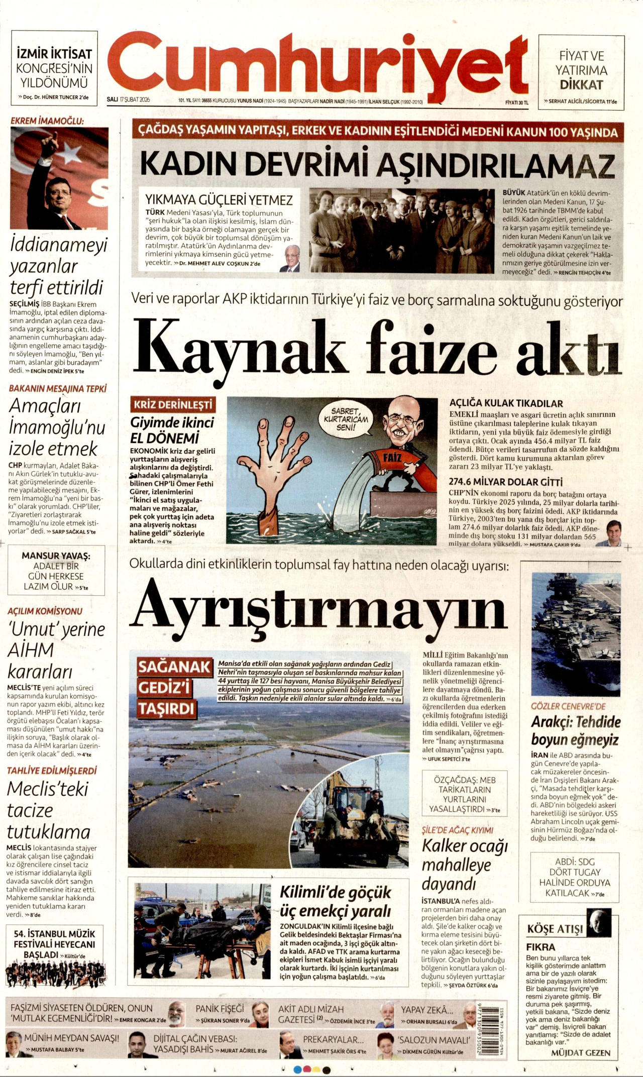 CUMHURİYET gazetesinin 17 Şubat 2026 tarihli birinci sayfası
