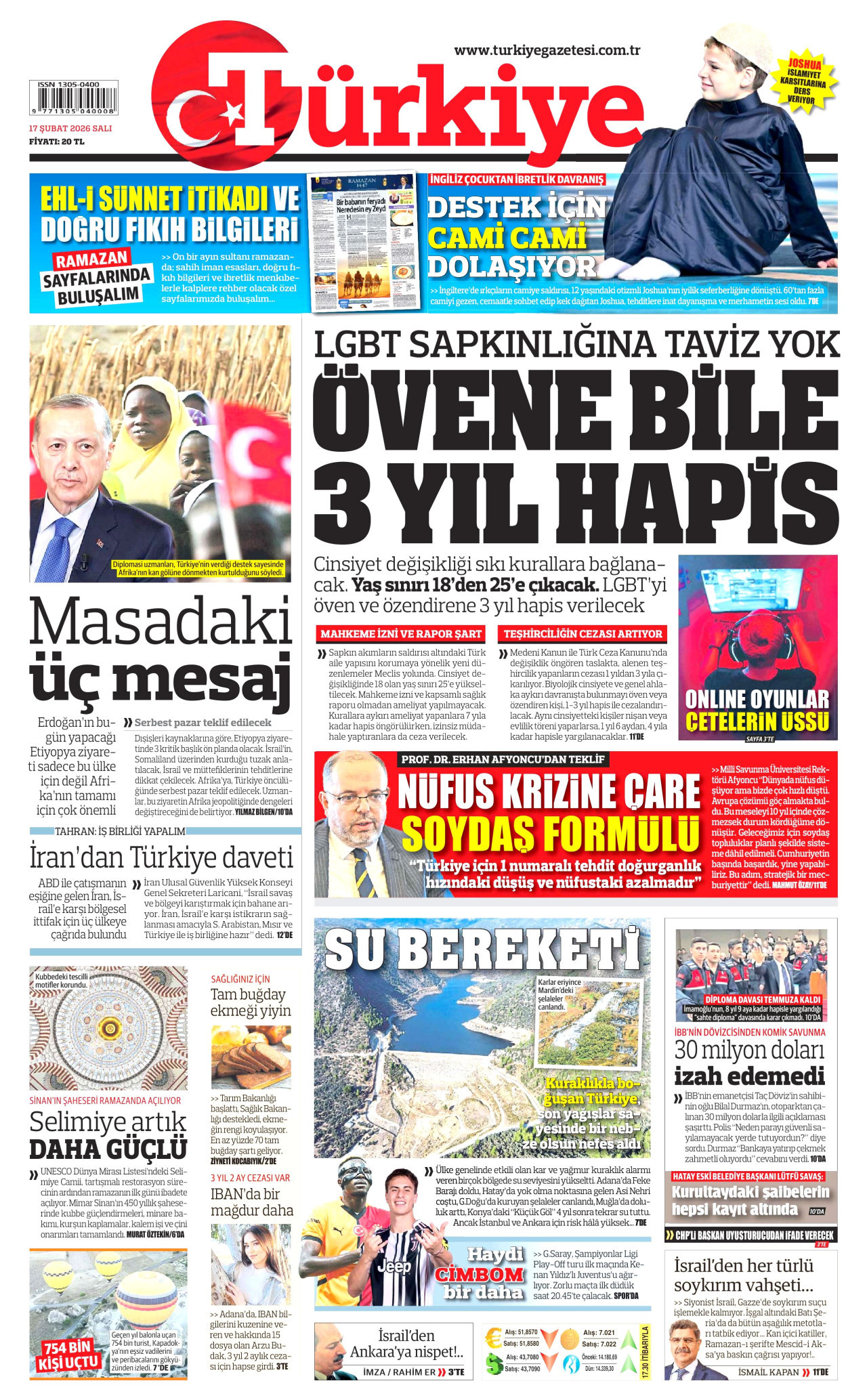 TÜRKİYE GAZETESİ gazetesinin 17 Şubat 2026 tarihli birinci sayfası