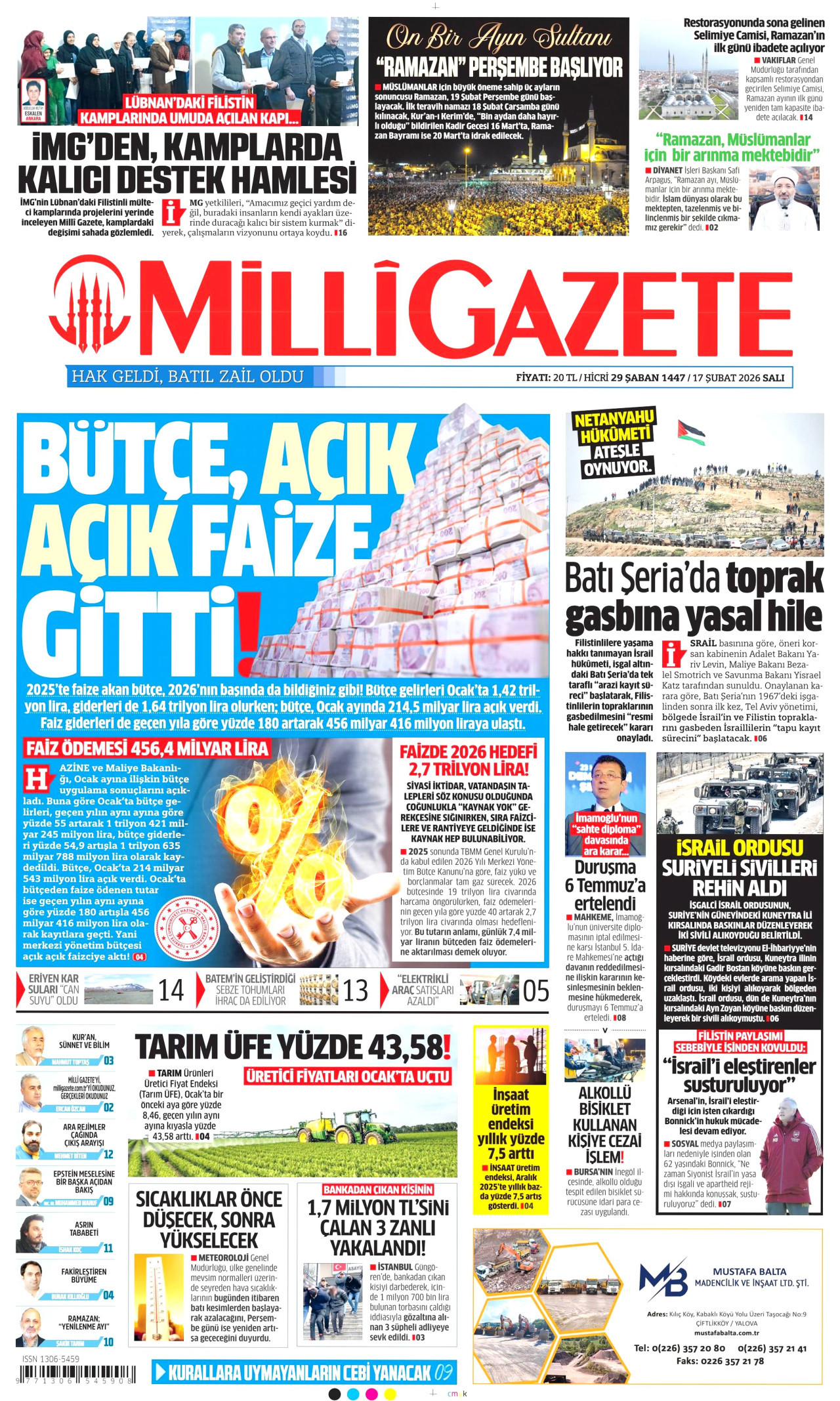 MİLLİ GAZETE gazetesinin 17 Şubat 2026 tarihli birinci sayfası