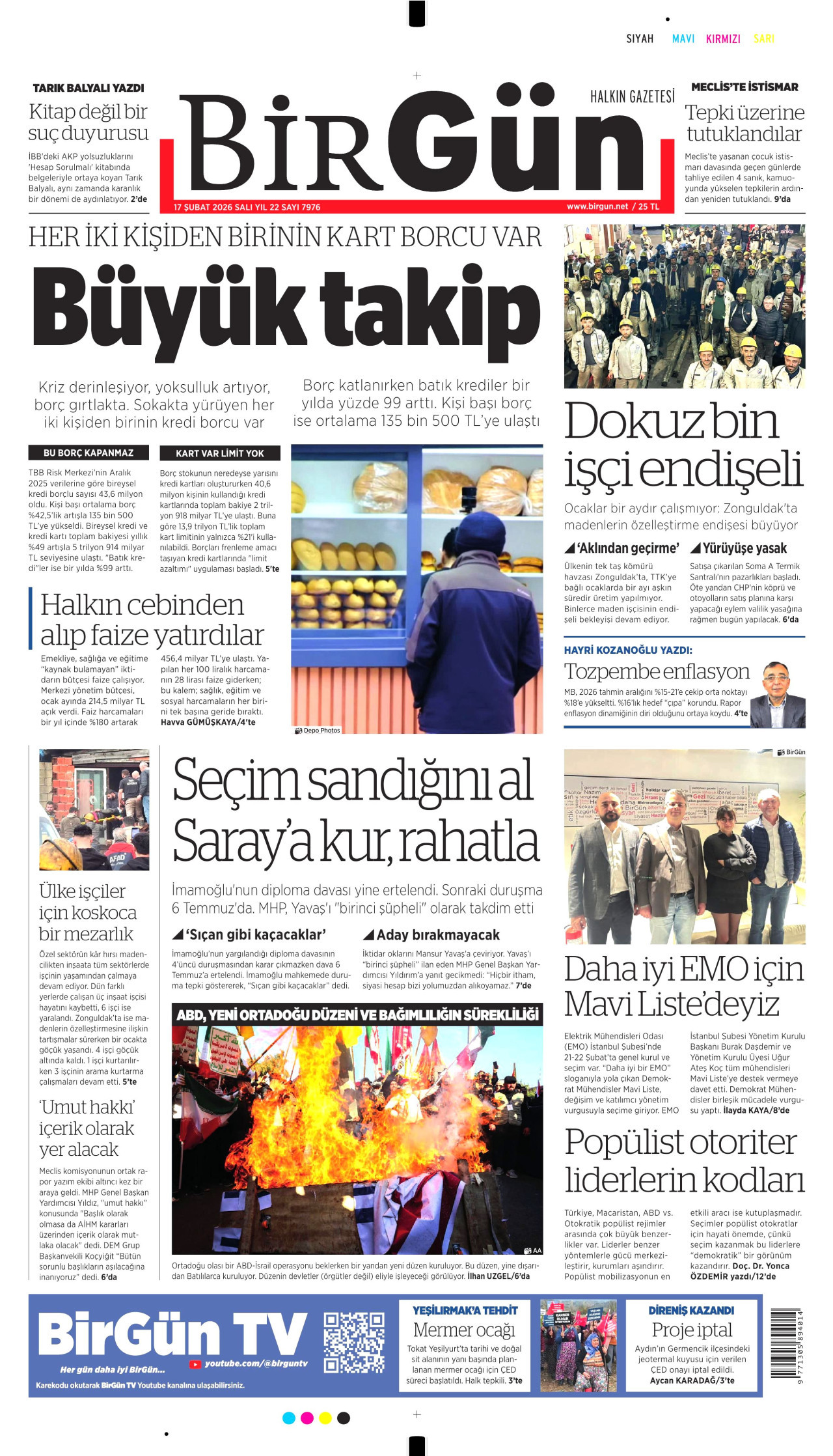 BİRGÜN gazetesinin 17 Şubat 2026 tarihli birinci sayfası