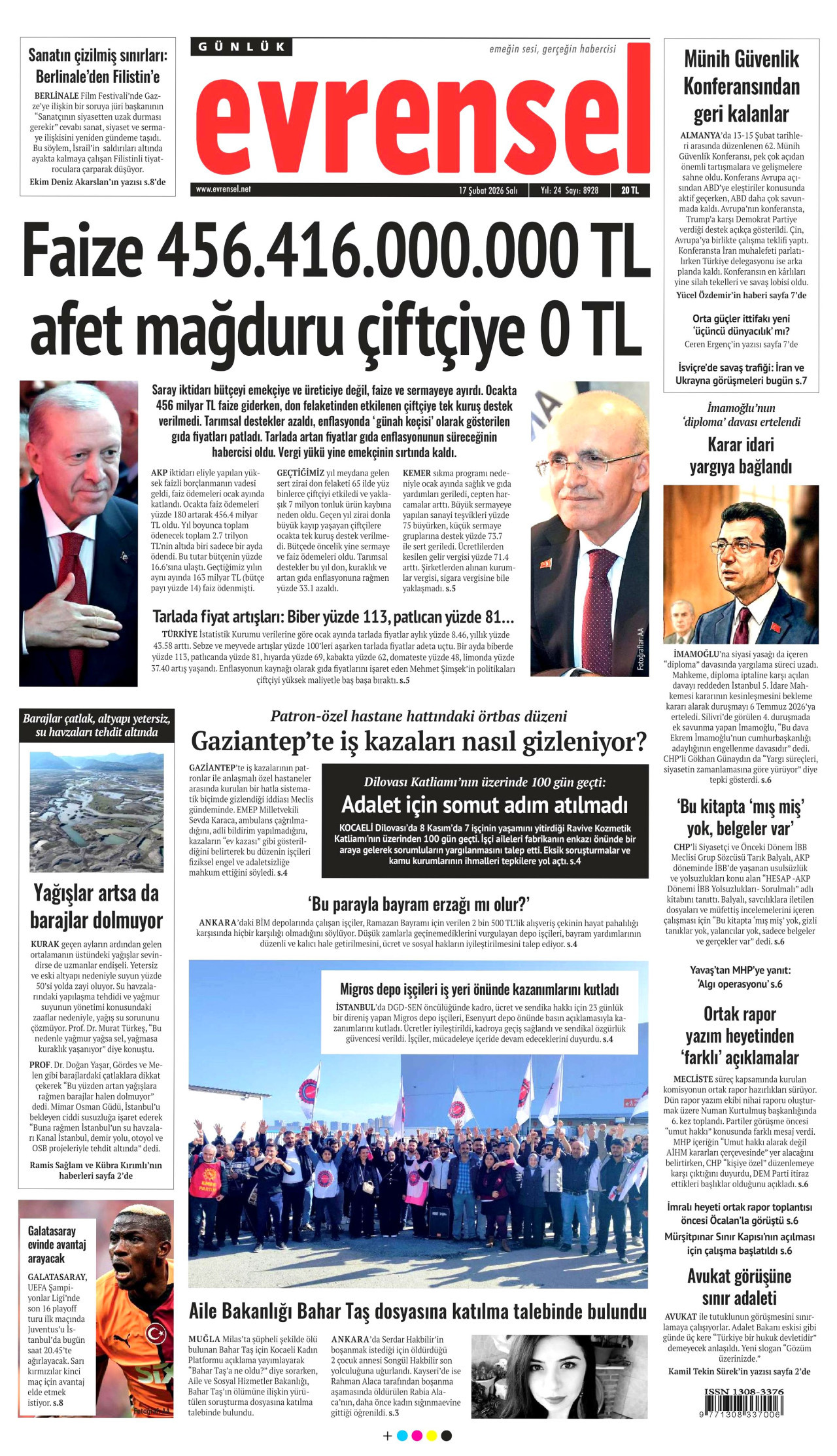 EVRENSEL gazetesinin 17 Şubat 2026 tarihli birinci sayfası
