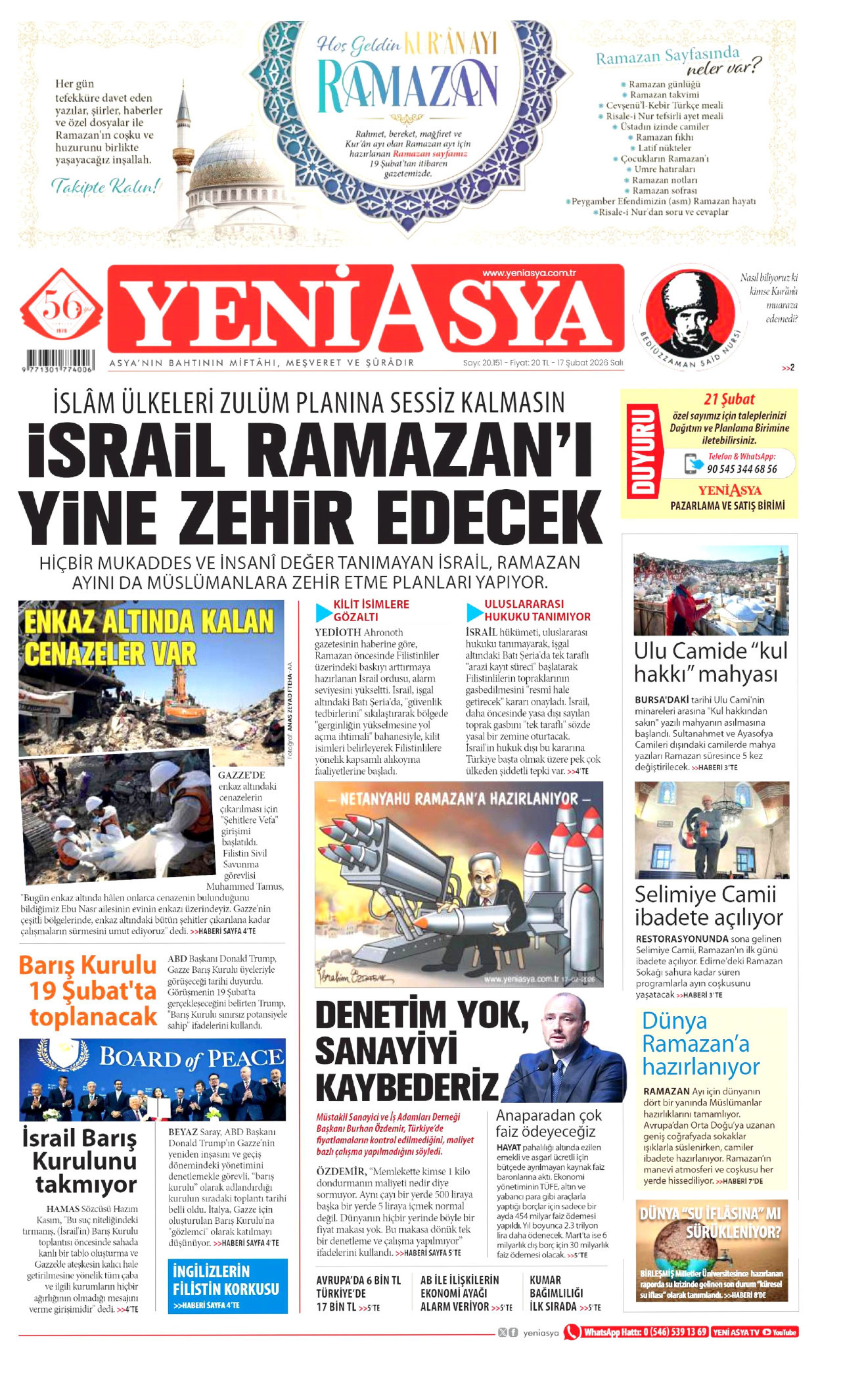 YENİ ASYA gazetesinin 17 Şubat 2026 tarihli birinci sayfası